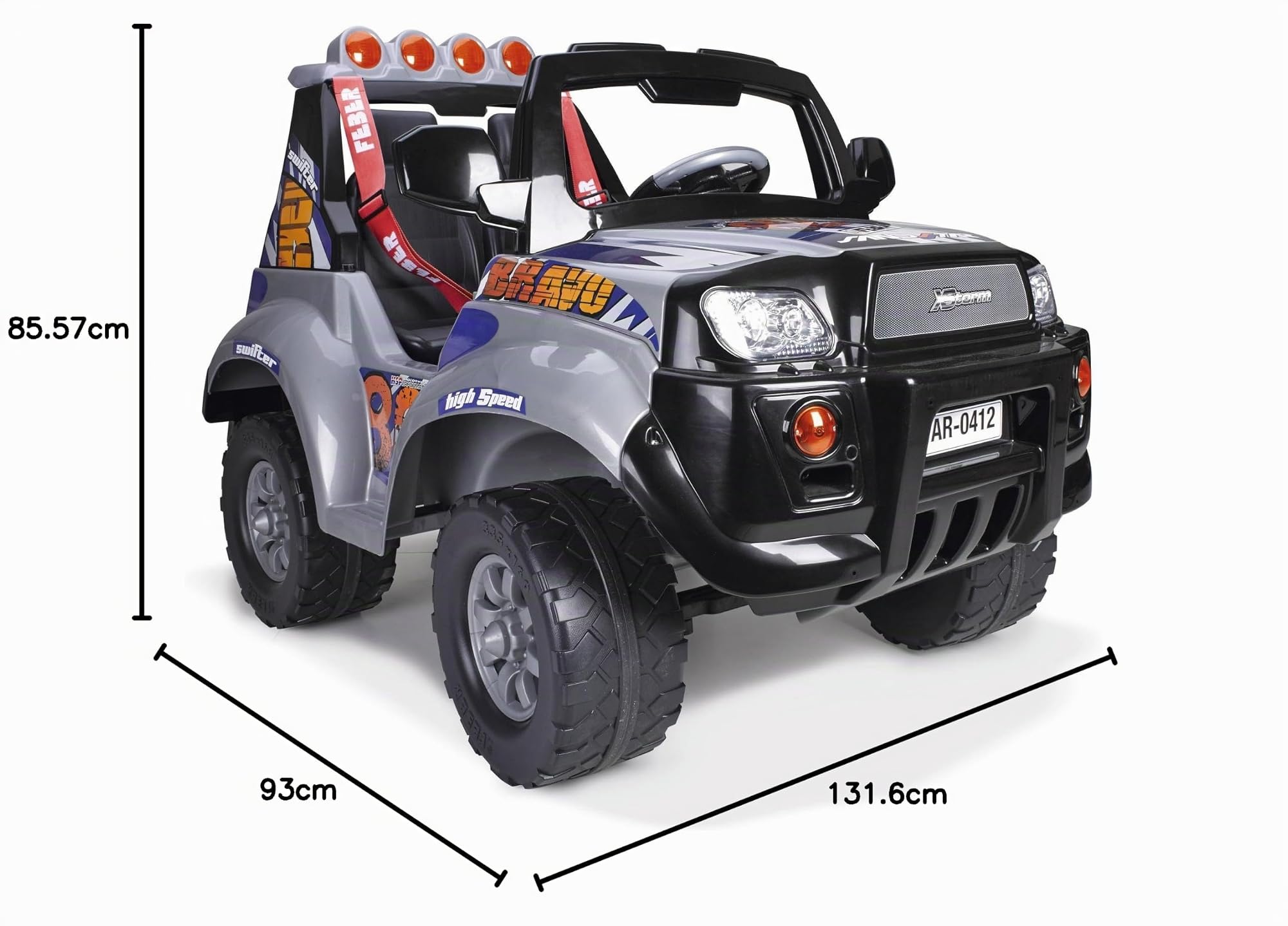 FEBER - Vehículo Infantil de 2 plazas X-Storm Bravo High Speed 12V, Pedal de Acelerador y Freno, Luces y Sonidos con Radio FM, Batería y Cargador Incluidos, Famosa (800006466)