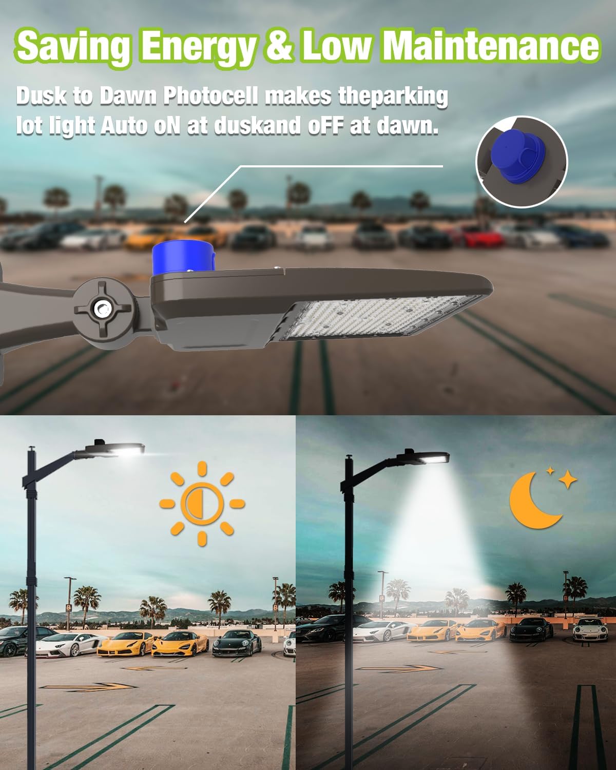 YXL LED Parking Lot Shoebox Light with Dusk to Dawn Photocell, 21000LM 5000K Daylight Arm Mount, IP65 Waterproof Area Light for Parking Lot Sports Stadium