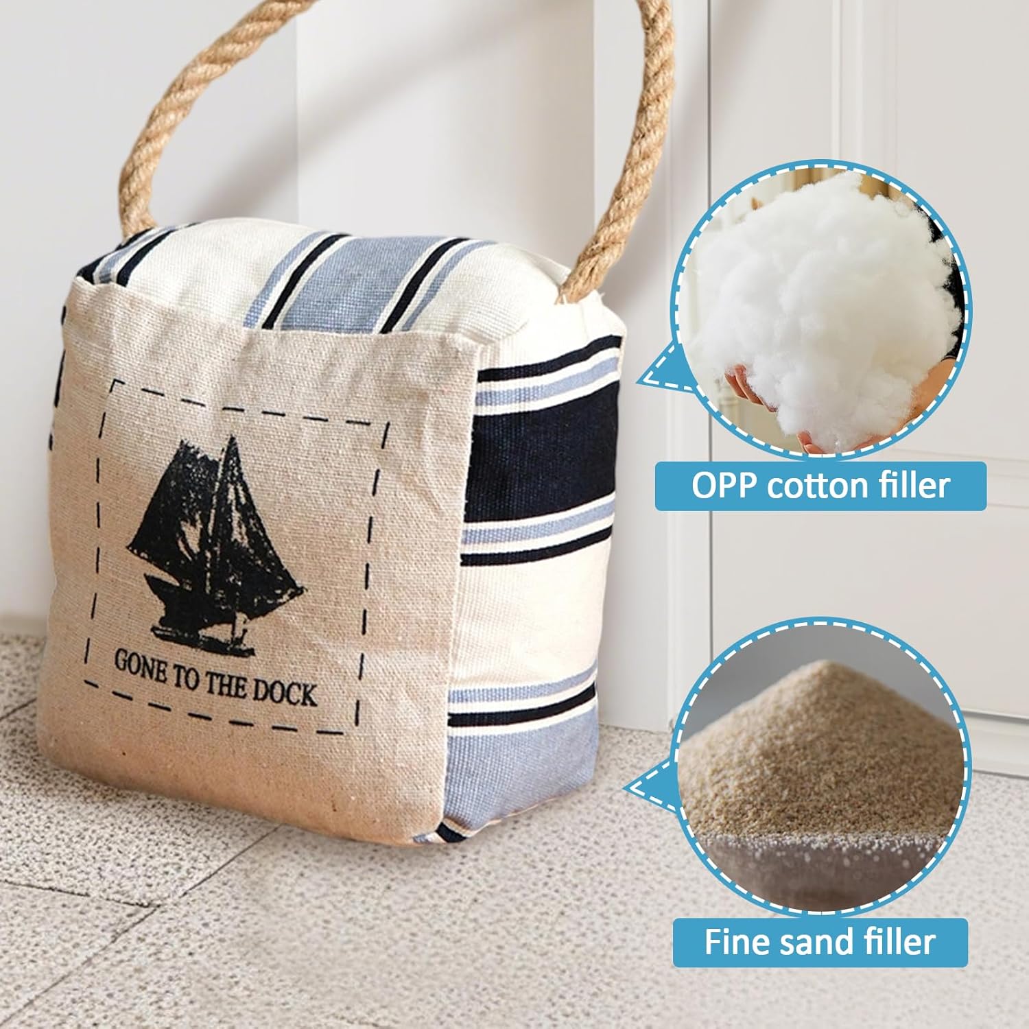 Nautical Door Stopper, White with Blue Striped Square Stuffed Decorative Weighted Doorstop with Rope Handle, Gone to The Beach House Decor (Sailboat)