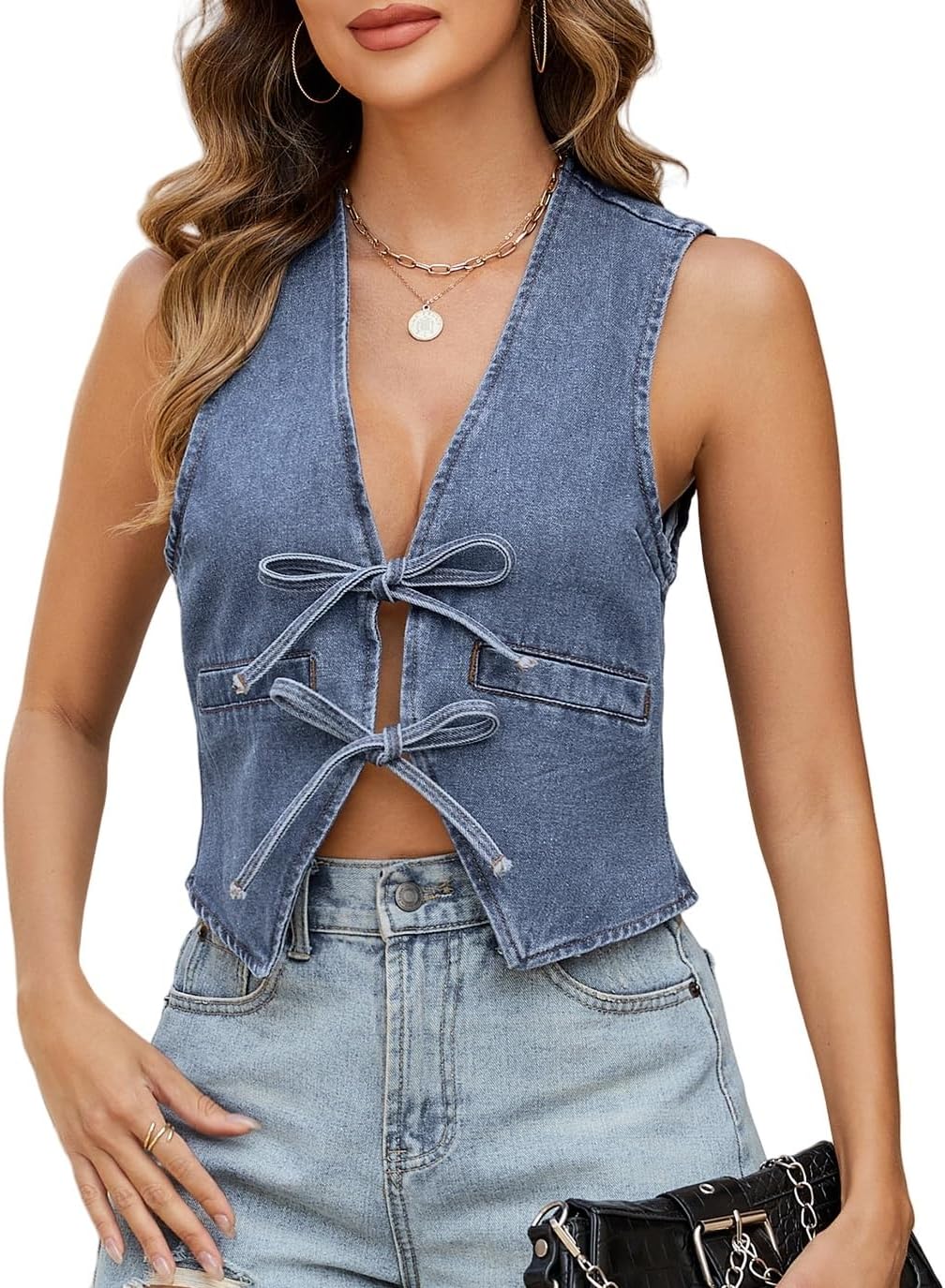 Ladyful Womens Denim Vest V Neck Bow Tie Front Shirt Jean Vest Sleeveless Lightweight Summer Sexy Waistcoat Top