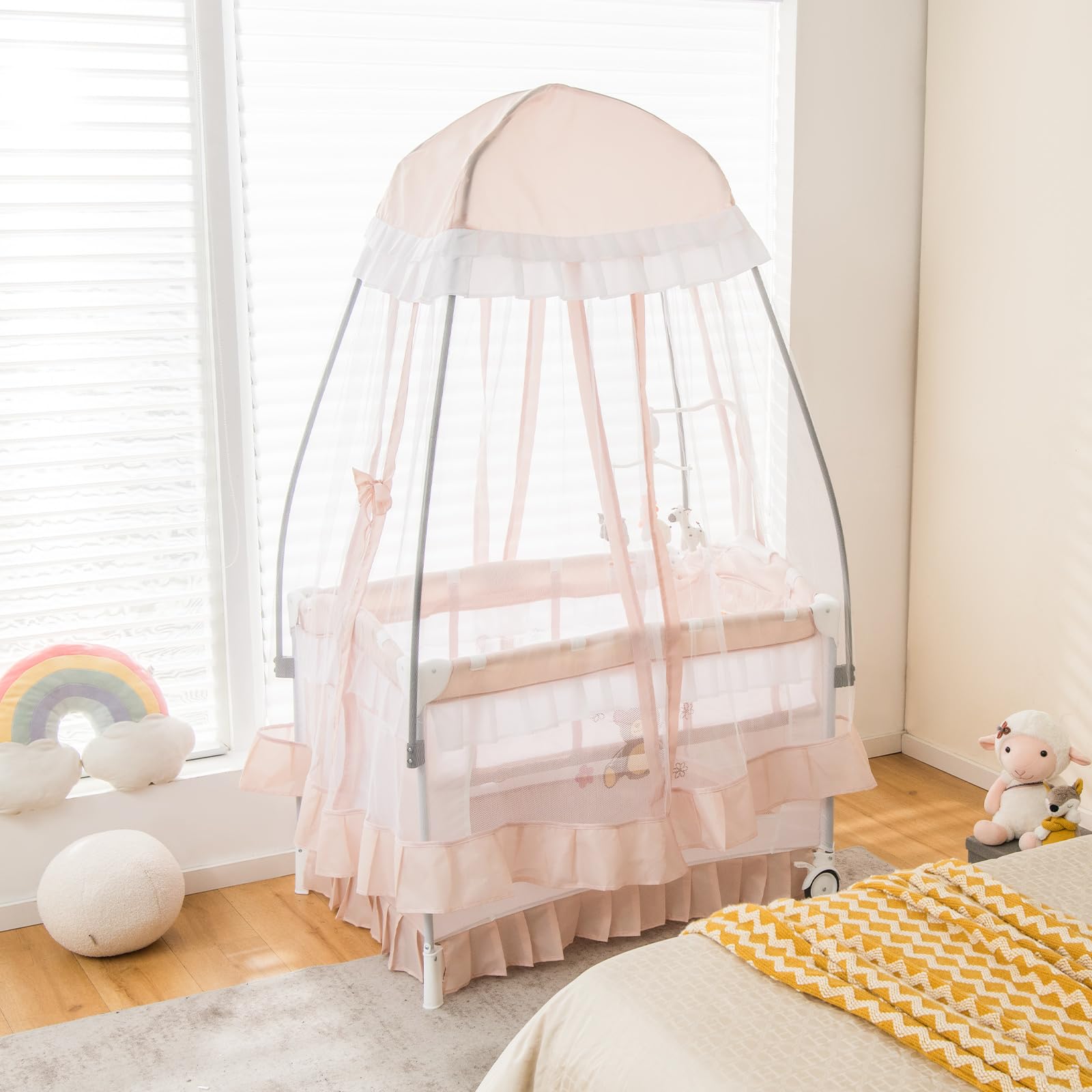 DREAMADE 5 in 1 Reisebett Baby mit Matratze & Baldachin, Babybett Faltbar mit Rollen, Wickeltisch & Laufstall, Beistellbett Baby mit Musikbox & Hängespielzeug, für Neugeborene 0-36 Monate (Rosa)