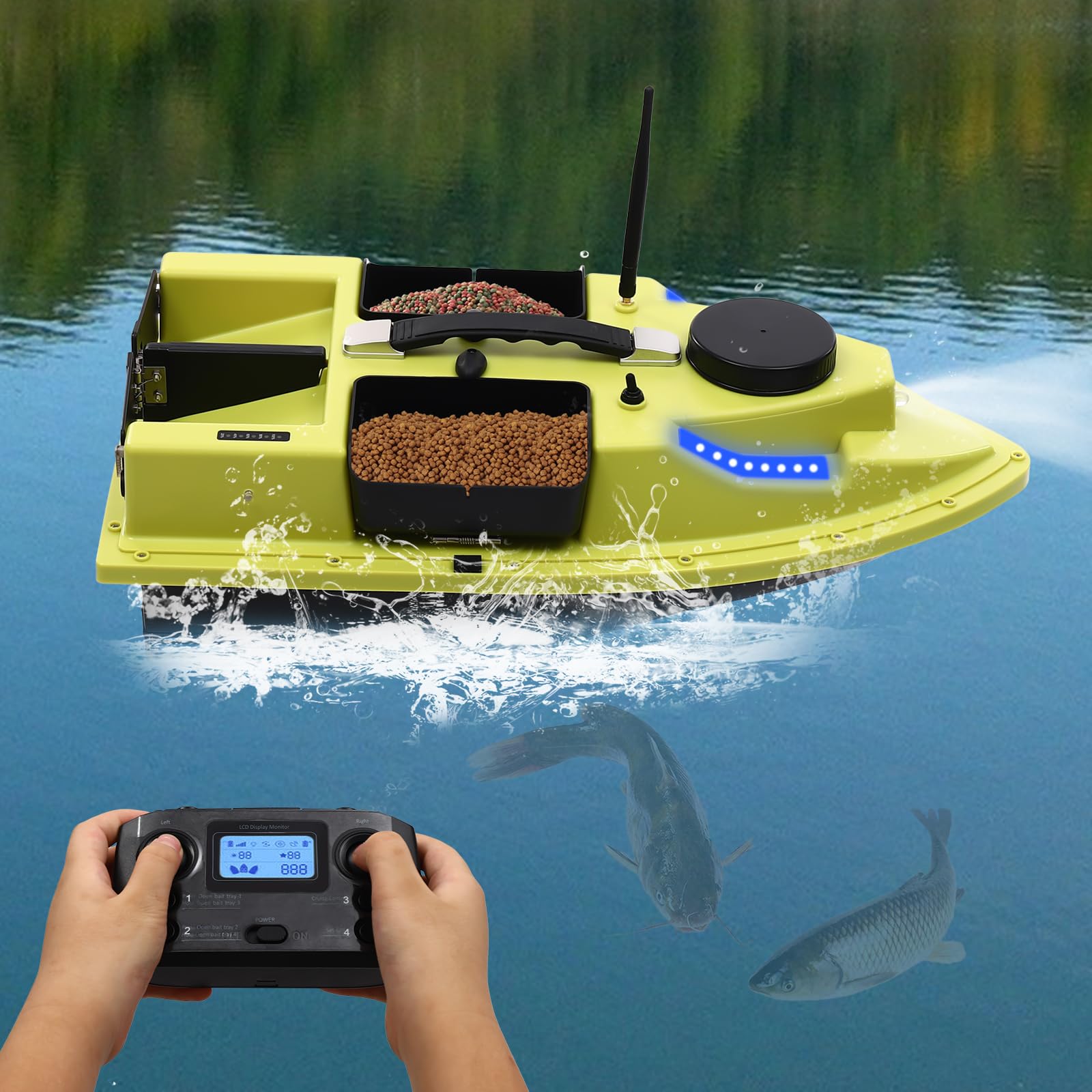 Barca da pesca Barchino pasturatore Barca da pesca per esche con posizionamento GPS Telecomando 2,4G Design a 4 marce Batteria al litio da 5,2 Ah adatta per grandi laghi e bacini artificiali