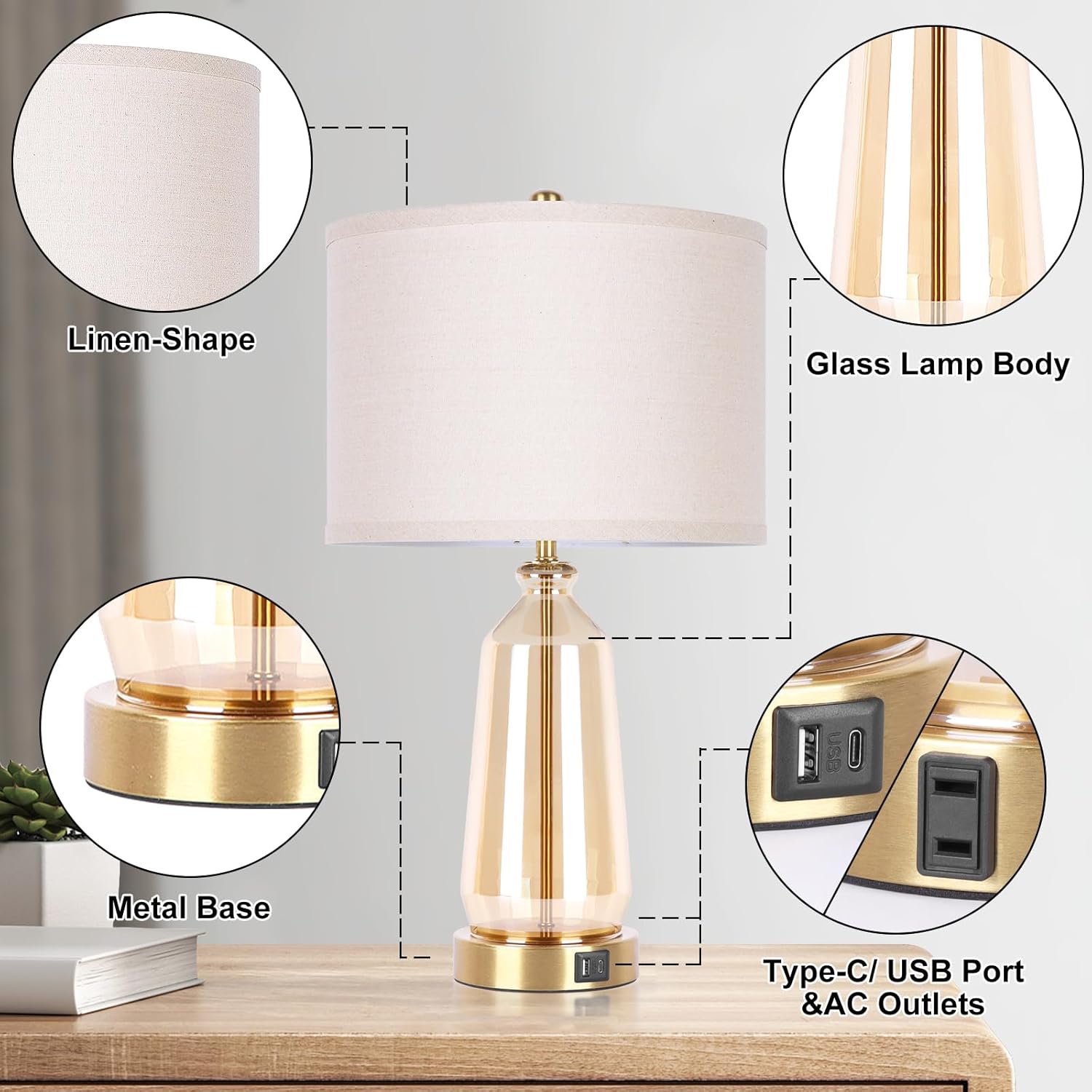 Table Lamps for Living Room Set of 2,Touch Lamps for Night Stands with 2 USB Ports & AC Outlet, 3-Way Dimmable Modern Glass Bedside Lamp, Desk Lamps for home office Bedroom Reading Room(Glod)