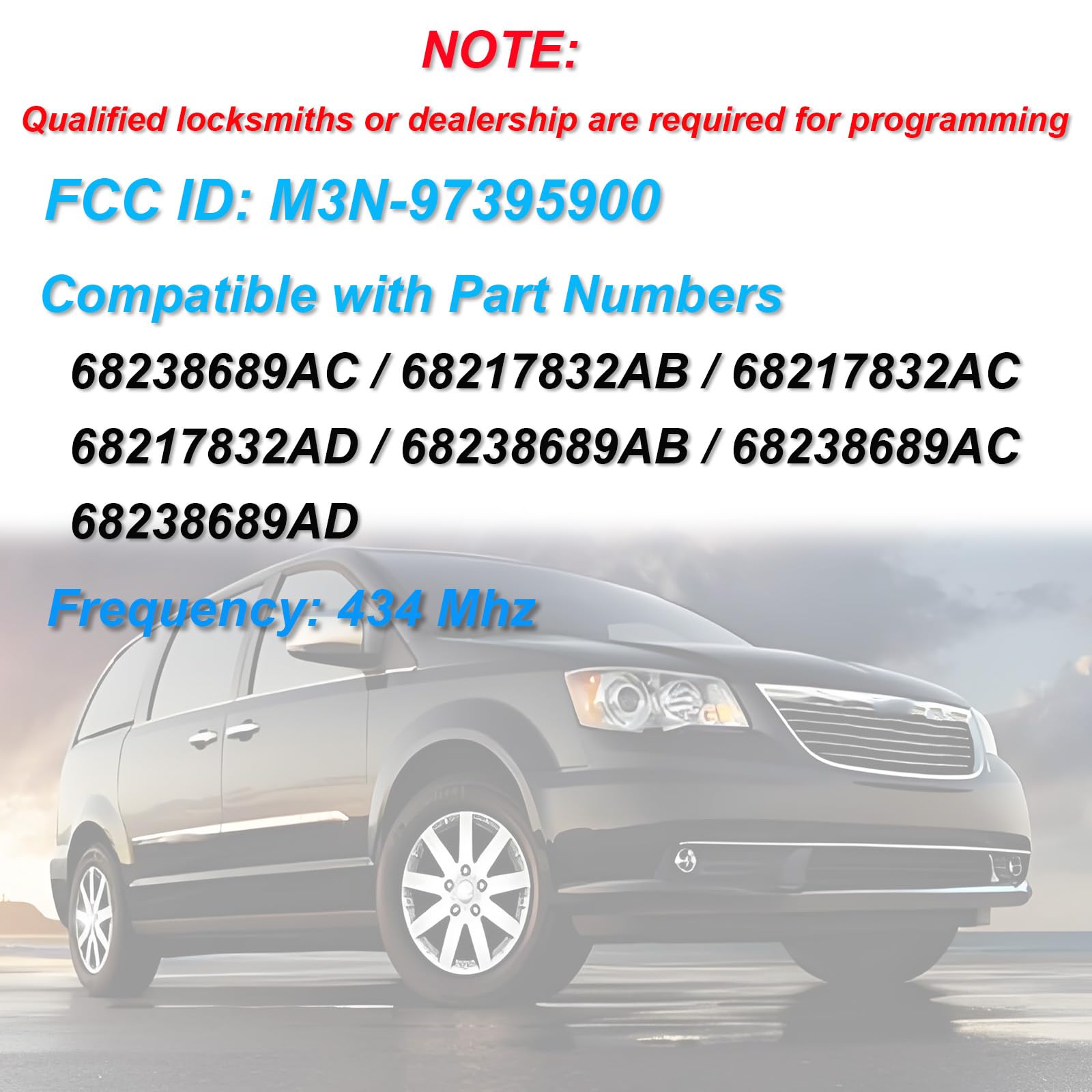 Llavero inteligente de repuesto para Chrysler Pacifica 2017, 2018, 2019, 2020, 2021, 2022, 2023, 2024, Chrysler Voyager 2020-2024, control remoto de entrada sin llave, FCC ID: M3N-97395900. Frecuencia