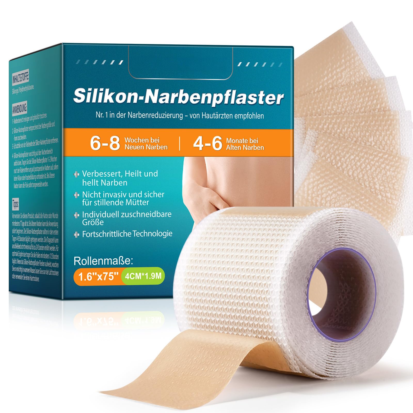 Silikonpflaster für Narben (4cm x 190cm) – Wiederverwendbare Silikon-Narbenblätter, hautfreundlich & haftstark – Wasserdicht & für alle Hauttypen