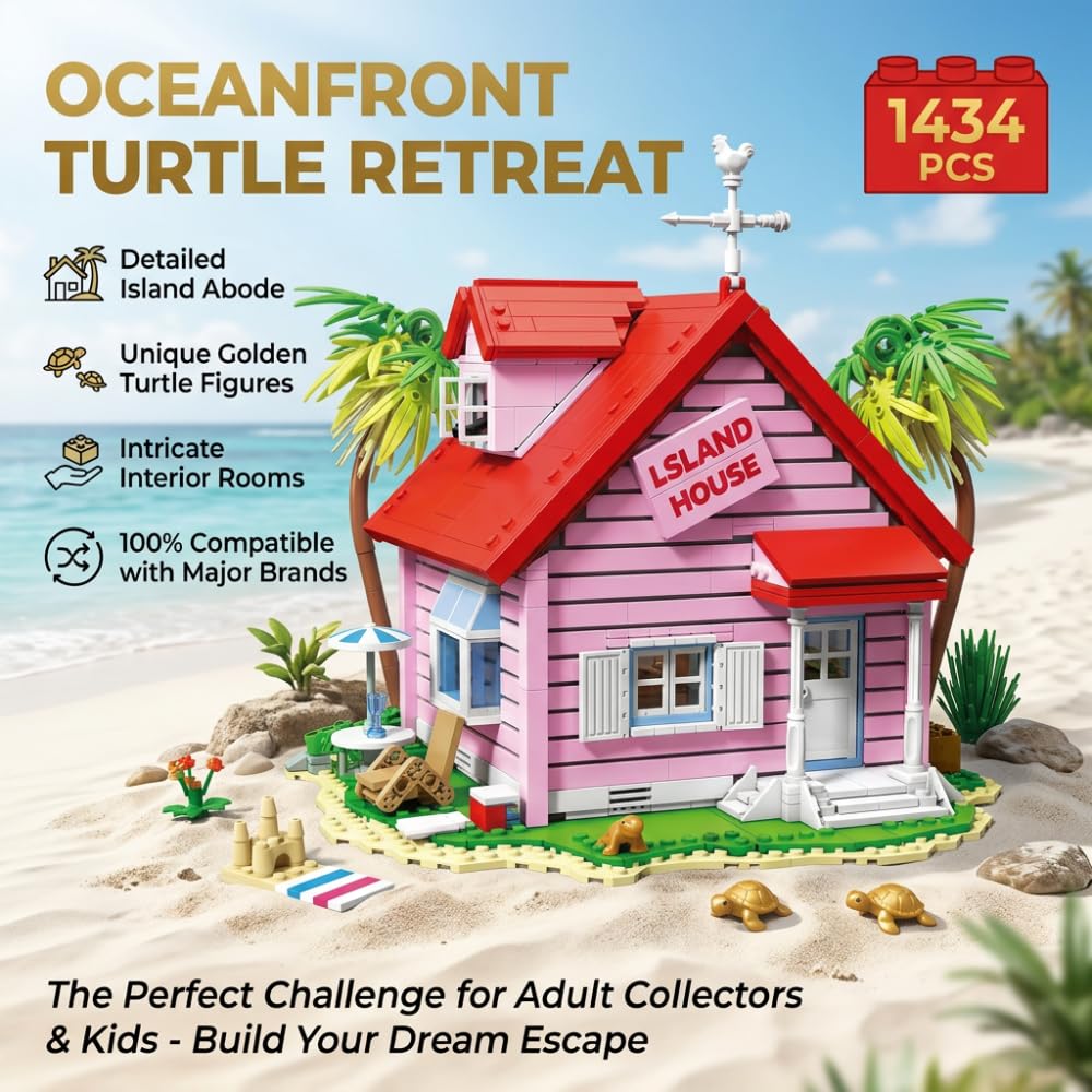 Casa Tropical de la Isla Tortuga | 1434 Piezas | Modelo de Bloques de Construcción | Villa Rosa de Colección | Decoración para Escritorio y Regalo para Fans de Anime