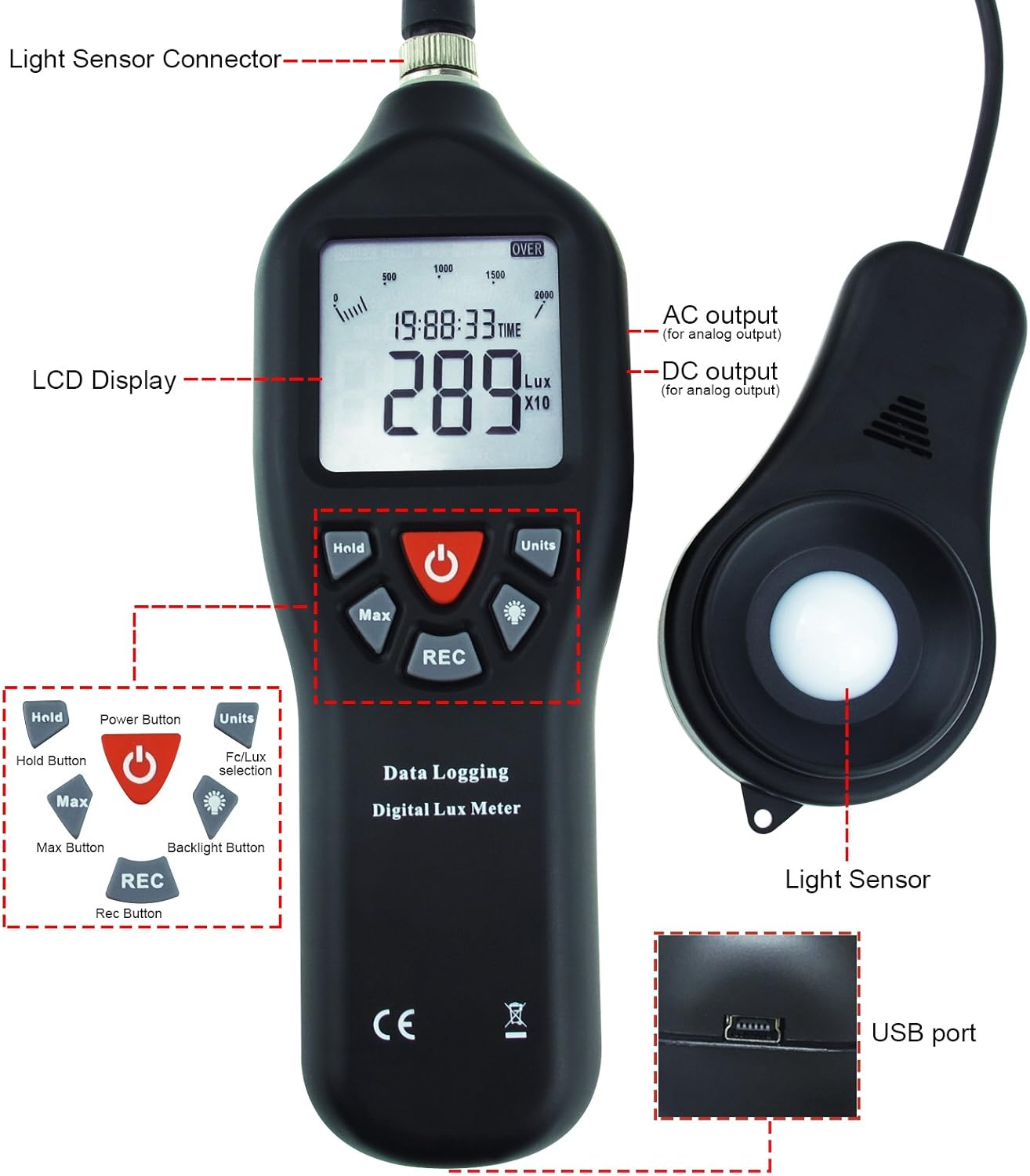 Digital Light Meter Lux Meter Measurement Range Detachable Sensor 0 to 200,000 Lux Min/Max/Avg Functions (with Data Record Function) + CD Software w/USB Power Cable