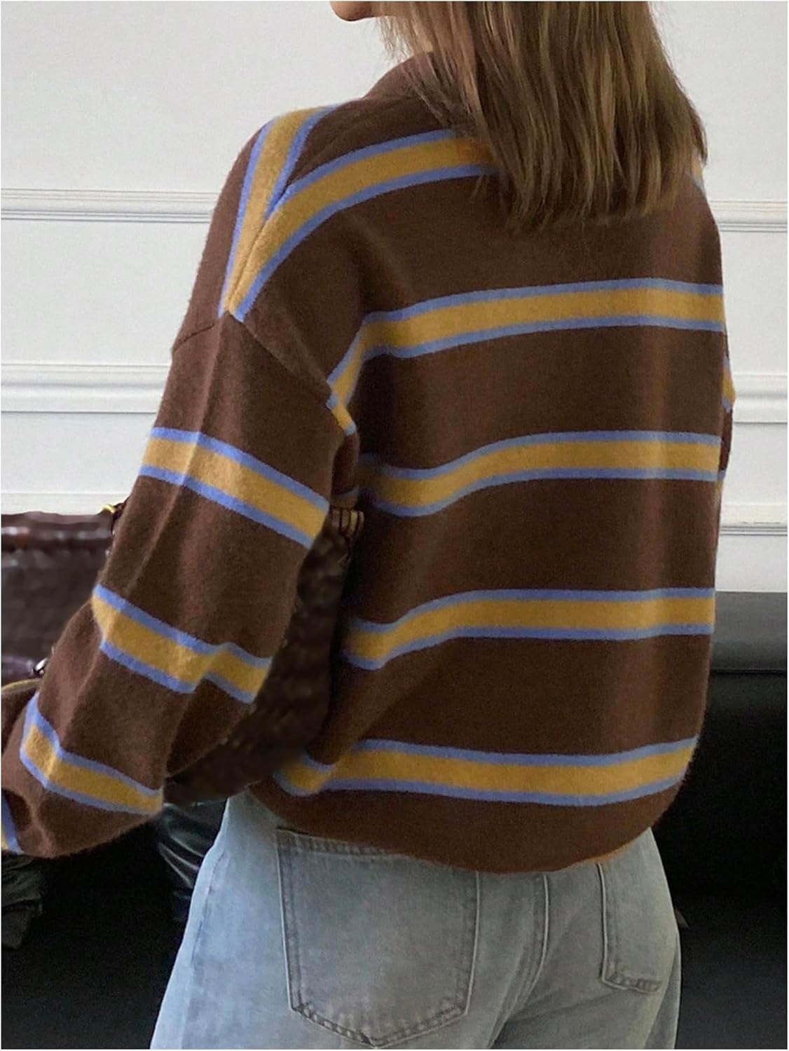 SweatyRocks Women's Striped Collared Sweaters Oversized Long Sleeve Trendy Rugby Pullover Tops