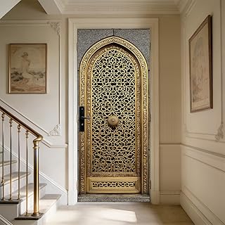 Door Sticker 30.3x78.7 Inch Vintage Gold Pattern Arch Design Door Cover Decorations Banner for Porch Entryway Indoor Outdoor Seasonal Decorative for Home Decor