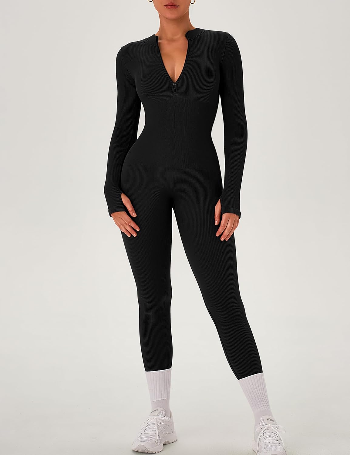OLCHEE Womens Long Sleeve Workout Jumpsuit Seamless Ribbed Tummy Control Yoga Bodycon Zip Up One Piece Unitard Sculpt Rompers - Image 2