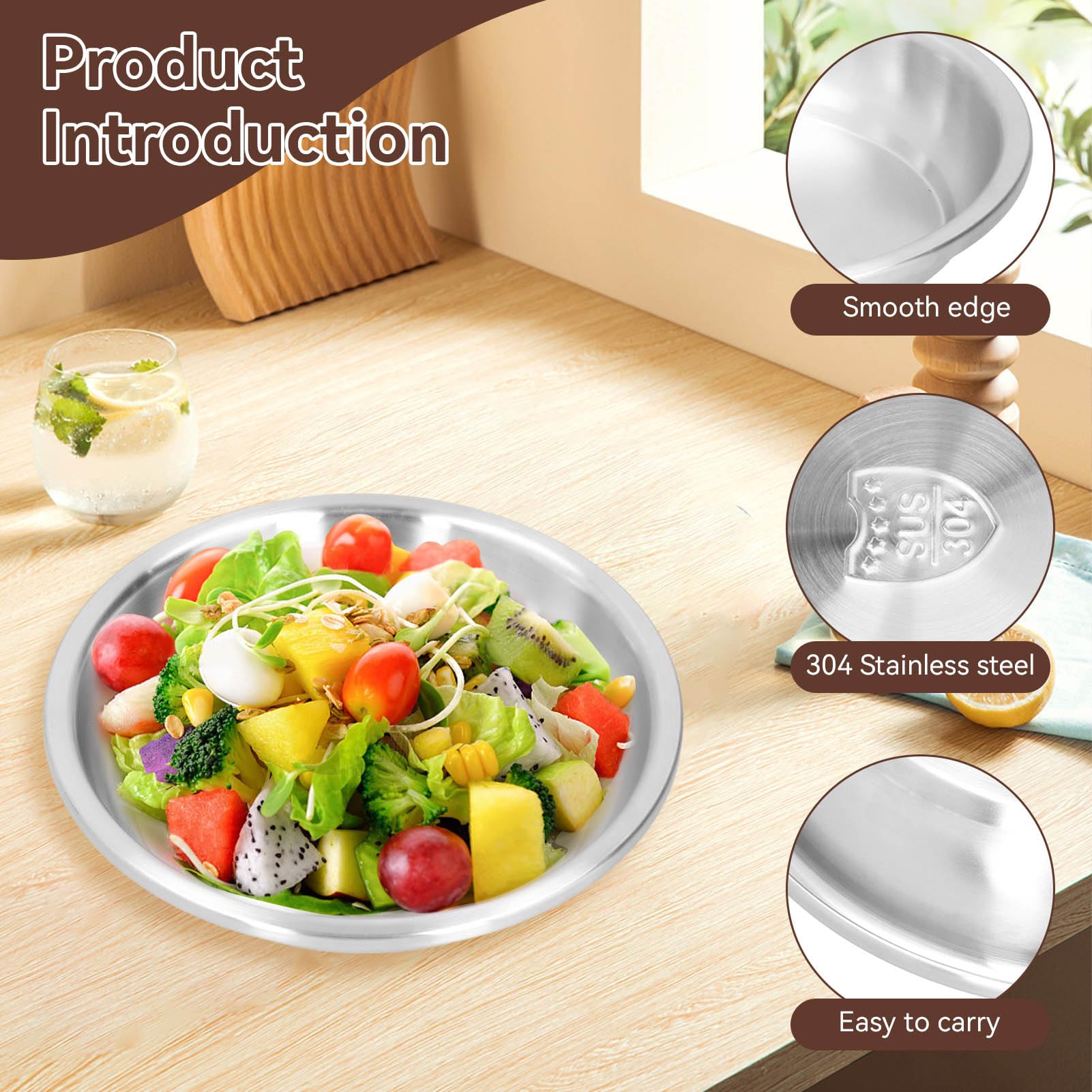 HERCHR Plato redondo de acero inoxidable, platos de cena de camping para comer, plato de cena, plato para servir sopa de ensalada, vajilla para la cocina casera(28cm)