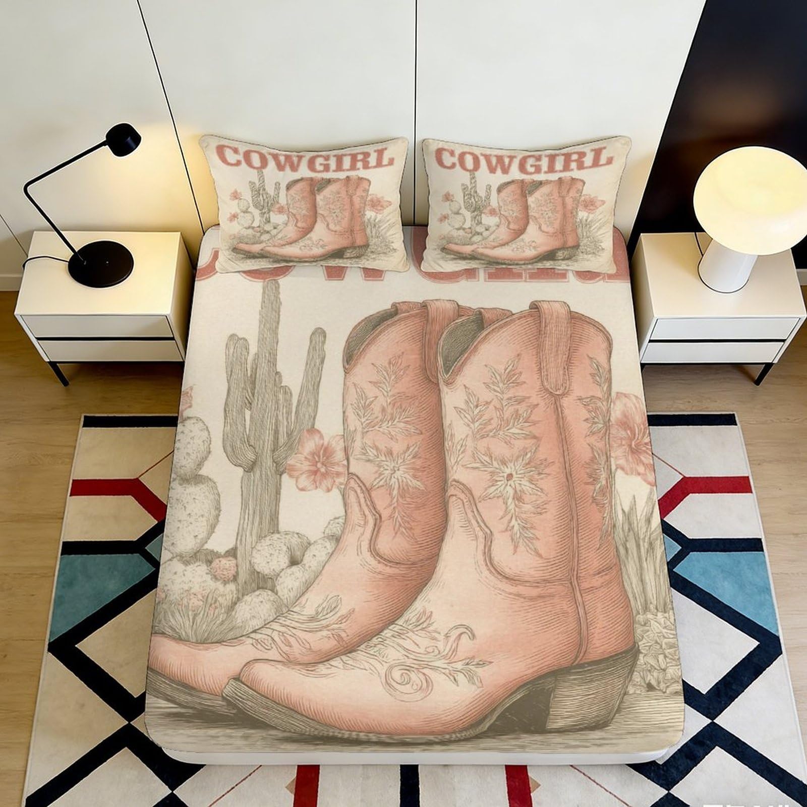 3D Printed Cowboy Boots Fitted Sheet Microfiber Western Cactus Bed Cover Anti-Slip Machine Washable for Bedroom Decor 90x200x25cm