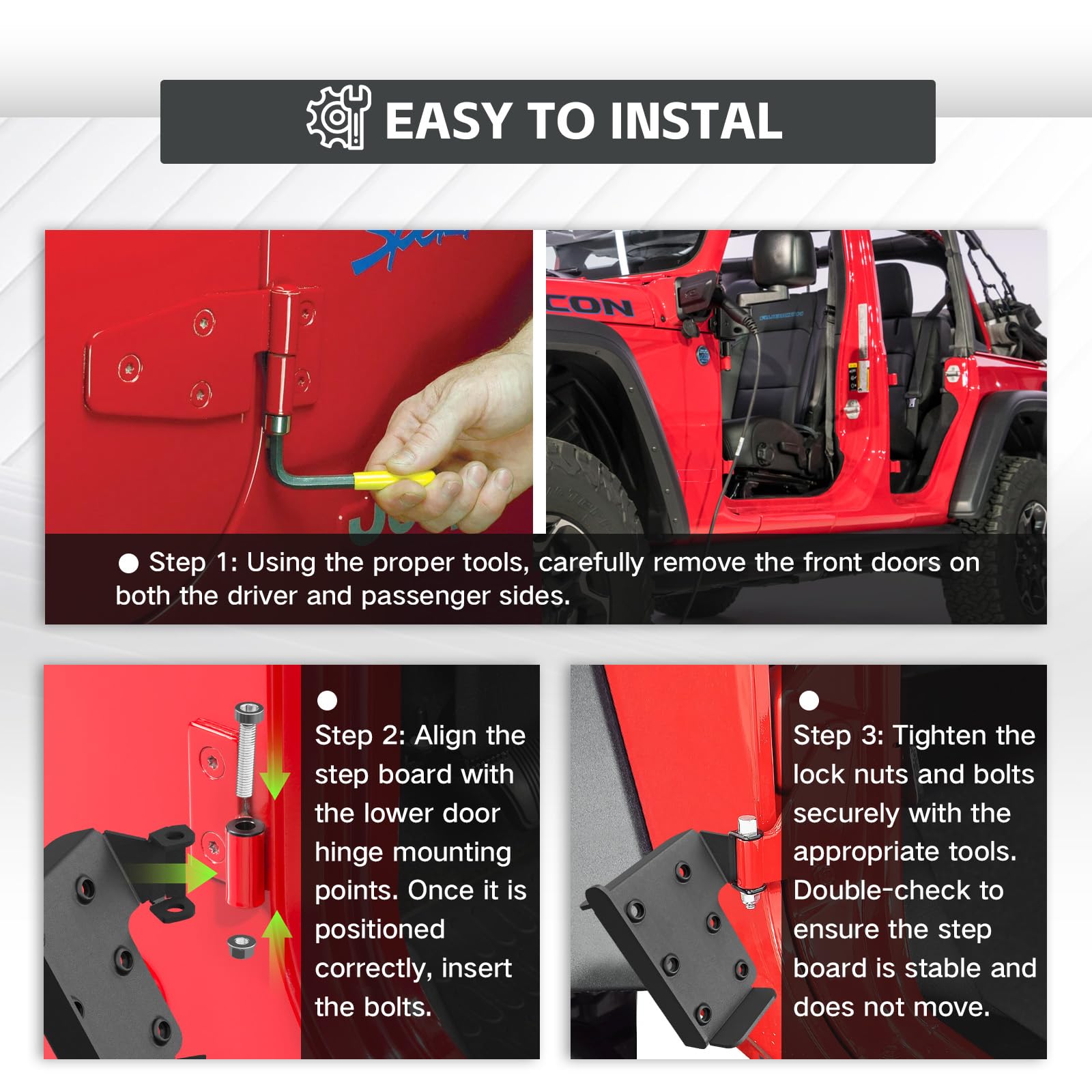 YZONA Podnóżki kompatybilne z 2007-2018 Jeep Wrangler JK JKU i 2018-2026 JJL JLU 4XE & Gladiator JT 2/4 drzwi, zewnętrzne zawiasy drzwi, pedały, podnóżek, akcesoria do paneli kopania (2 szt.)