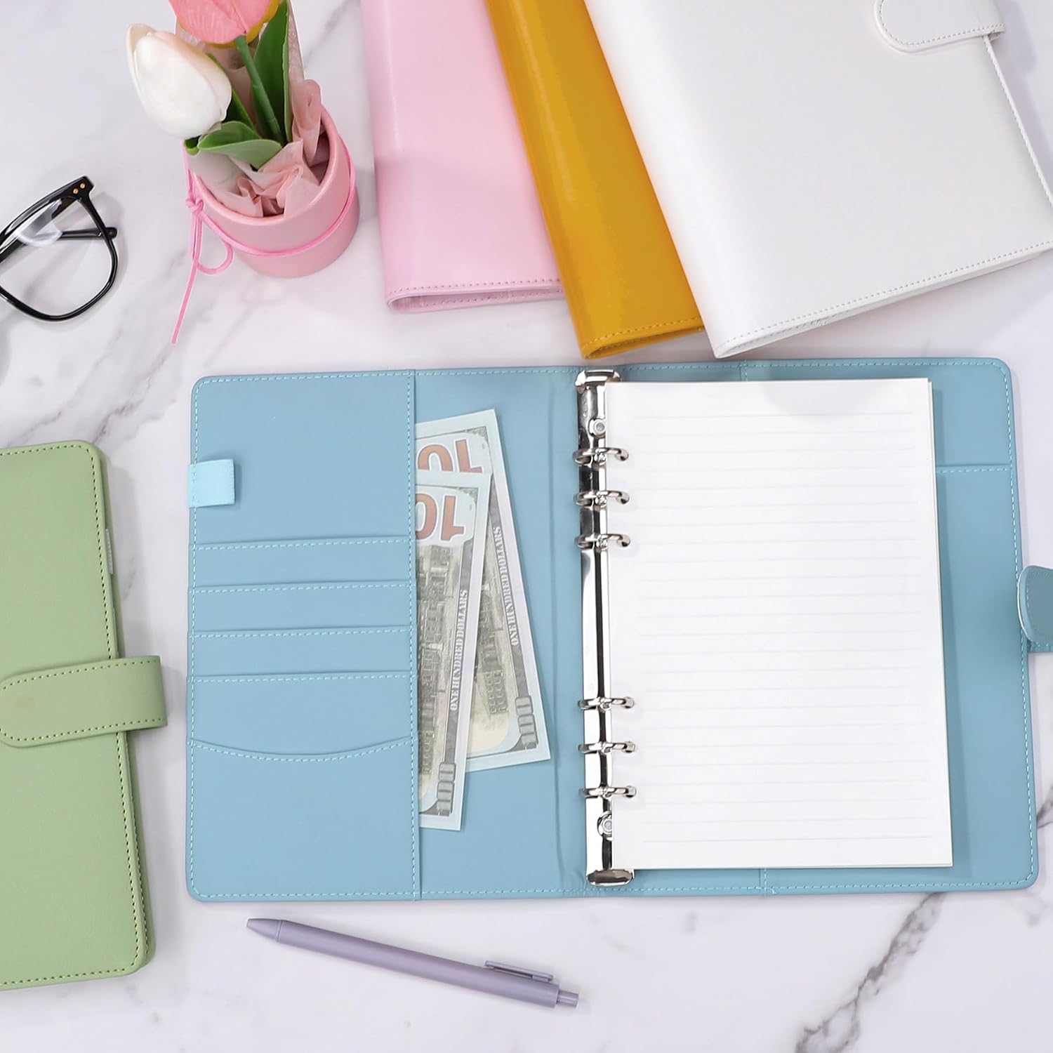 Antner A5 Notebook Binder 6 Ring Refillable Budget Planner Cover for Cash Organizer, PU Leather Loose Leaf Kpop Photocard Holder Small Binder for A5 Planner Inserts with Magnetic Buckle, Airy Blue