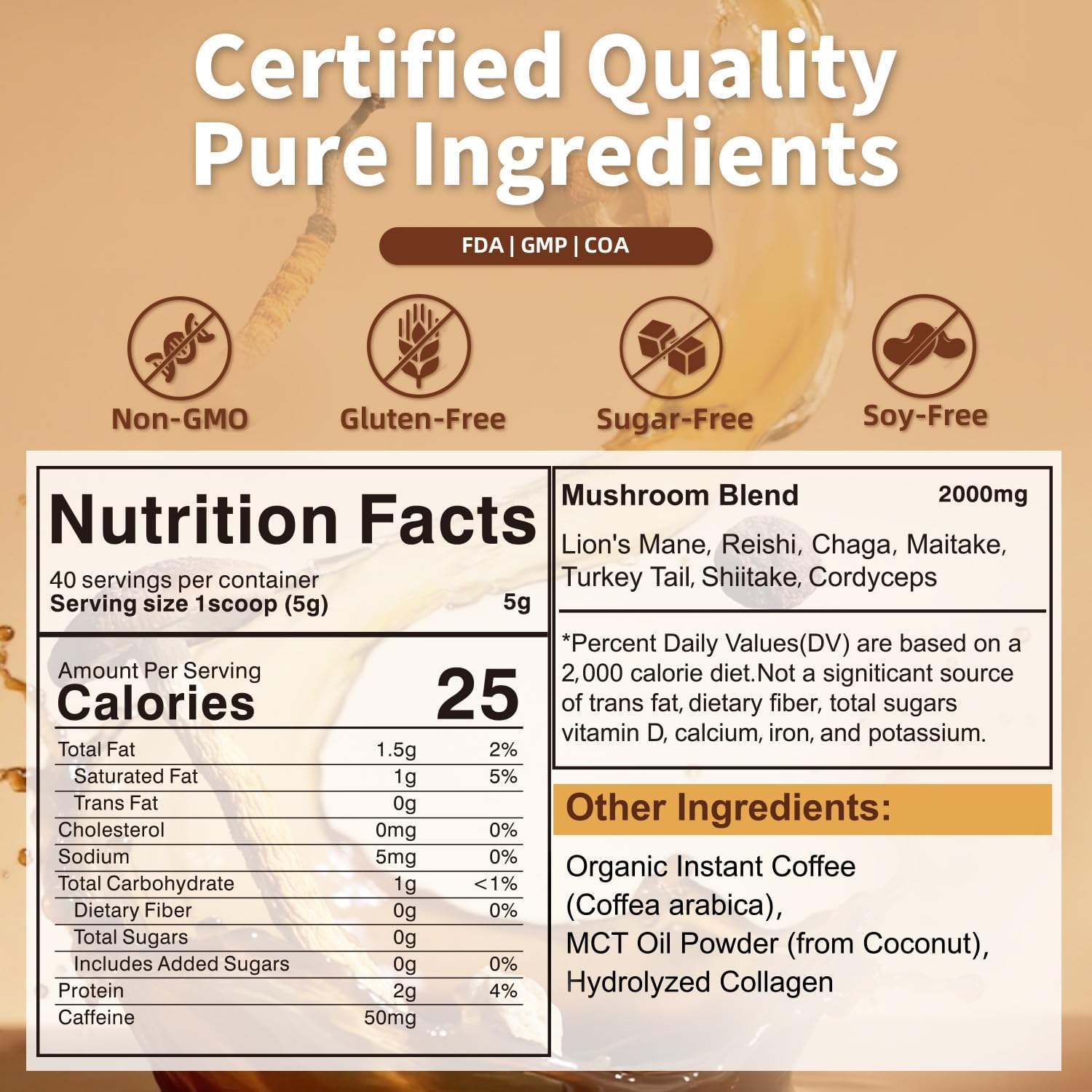 Organic Mushroom Coffee, 7 Adaptogenic Mushrooms (Lion’s Mane, Reishi, Chaga, Cordyceps & More), Herbal Supplement Blend for Focus, Energy & Immune Support – 40 Servings - Image 7