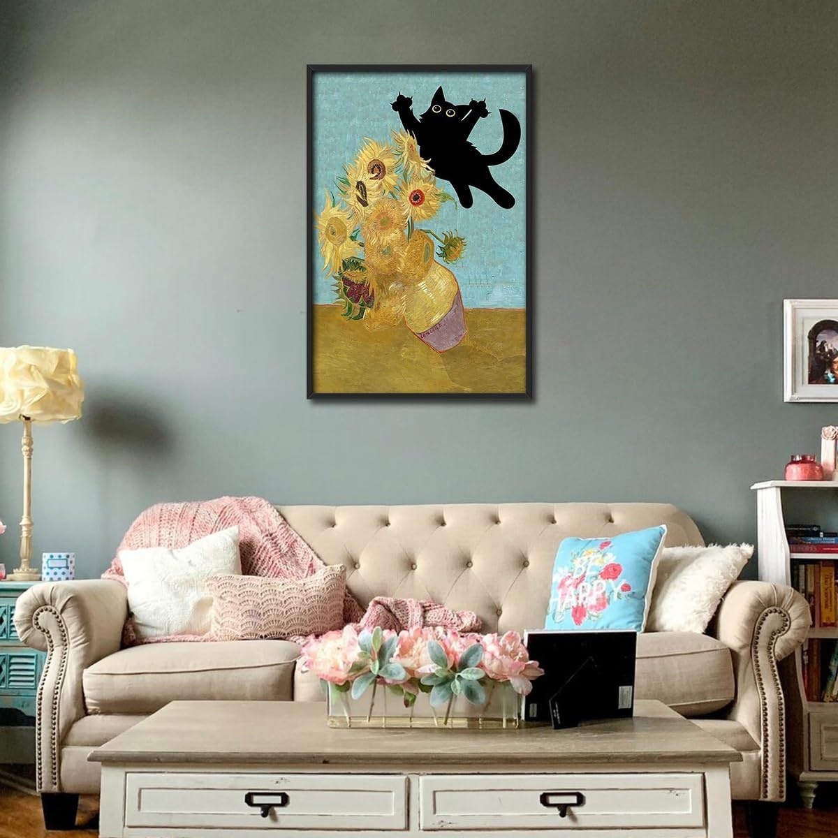 Framed Funny Cat Wall Art Sunflower Black Cat Poster For Room Aesthetic Decor-Cute Black Cat Pictures Canvas Prints Ready To Hang Bedroom Living Bathroom Wall Decor