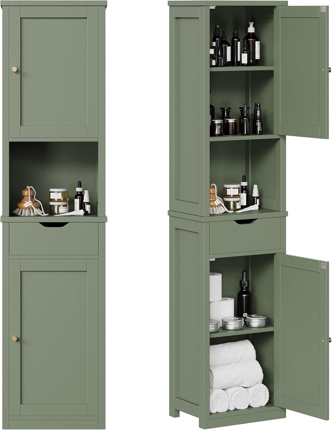 Shintenchi Tall Bathroom Storage Cabinet, Slim Corner Floor Cabinet with Doors and Drawer, Freestanding Narrow Bathroom Organizer with Adjustable Shelves for Small Space, Green