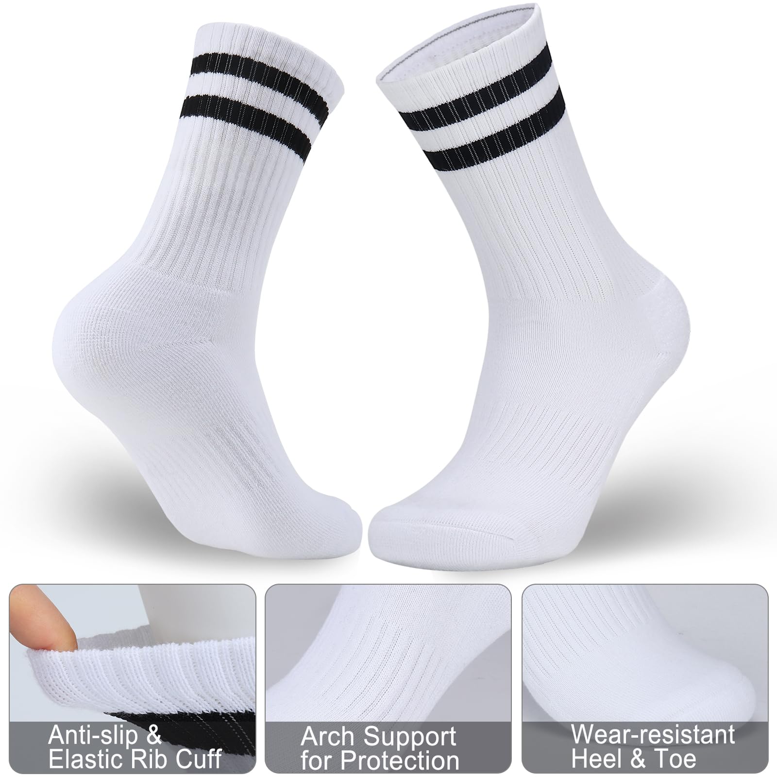 Airpal 4 Pairs Athletic Socks Cotton Cushioned Striped Crew Socks Sports Running Socks for Men Women Teens (X-Large, White+Black Stripe)