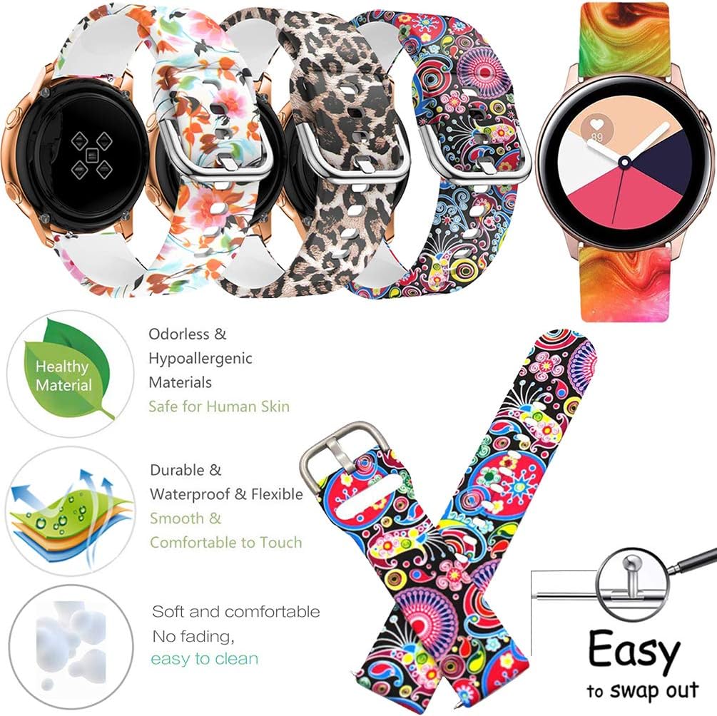 HQzon Band Compatible with Galaxy Watch Active 2 40mm 44mm / Galaxy Watch 3 41mm / Gear Sports / Galaxy Watch Active 40mm, Printed Patterns Silver Buckle 20mm( 4pack-L )