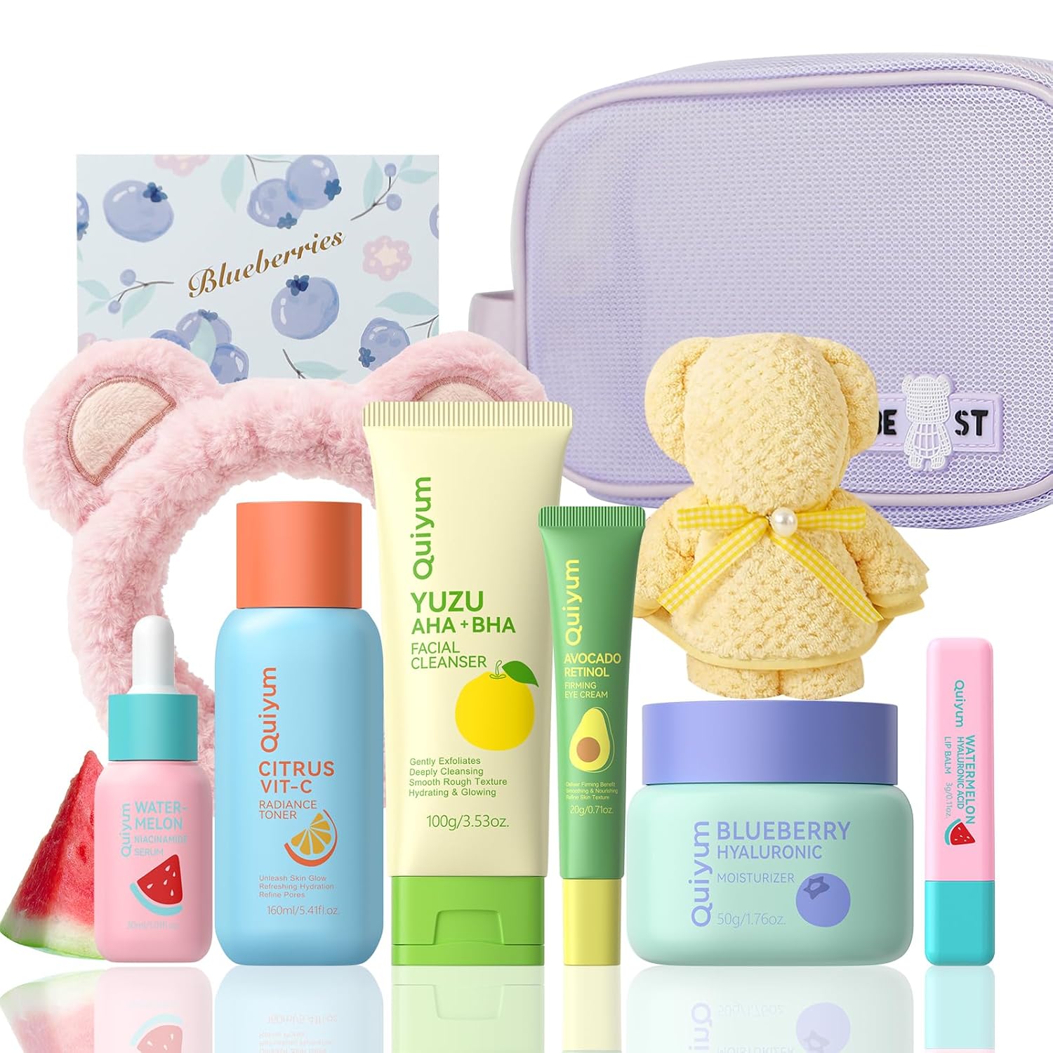 QUIYUM Fruit Skin Care Sets for Teen Girls, 6 Daily Routine Beauty Skincare Gift Set with Facial Cleanser, Toner, Eye Cream, Moisturizer, Serum, Lip Balm, Birthday, Mother's Day, Stocking Stuffers