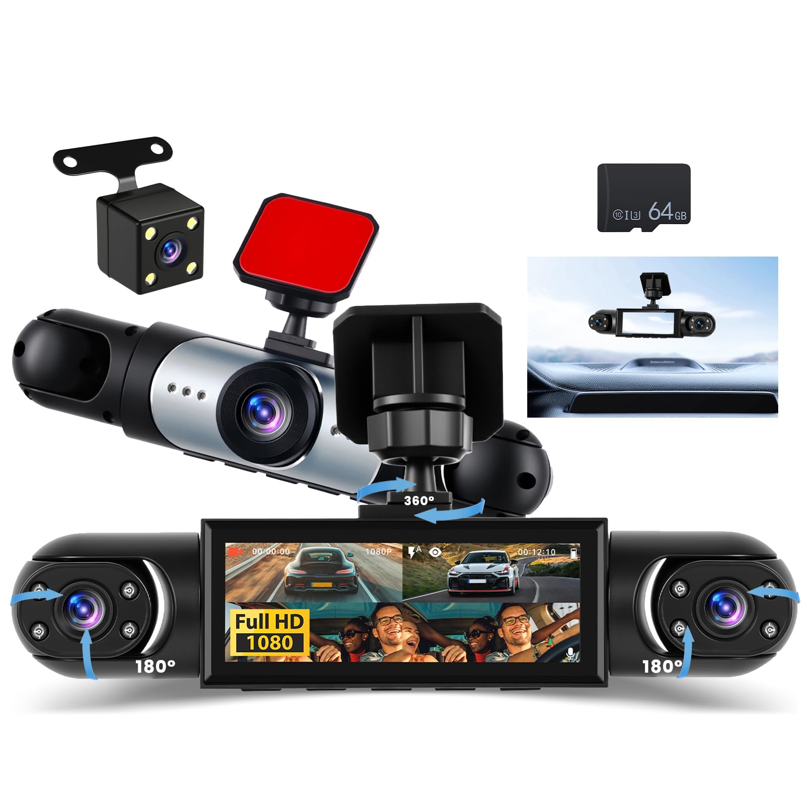 4-kanałowa kamera Dash Cam, 360° 1080P przednia kamera samochodowa z tyłu, ekran 3,16 cala, karta SD 64G, nagrywanie w pętli noktowizor szeroki kąt 150°, wykrywanie ruchu