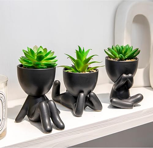 Miniatura 3 de VENY TAYA 3 piezas de plantas artificiales en forma de humana decoración de oficina para mujeres y hombres pequeñas plantas falsas para dormitorio y