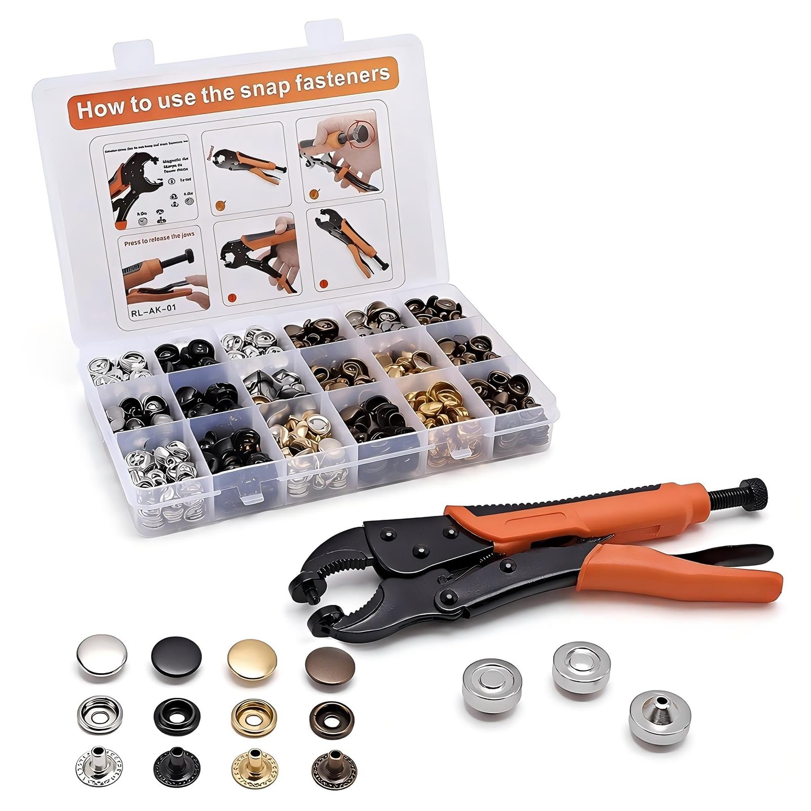 AGJIQ 100 Sets 15 mm Snap Button Kit with 3-in-1 Fastener Pliers