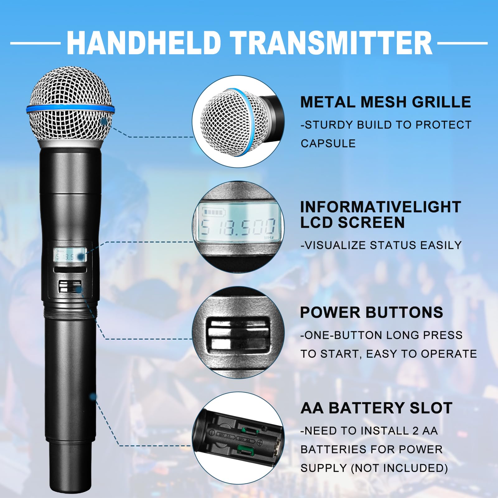 Depusheng LK4 Pro Sistema di microfono senza fili, 4 canali UHF con frequenze regolabili, microfono senza fili con 4 microfoni a mano dinamici, portata di 80 metri, microfono per canto, chiesa