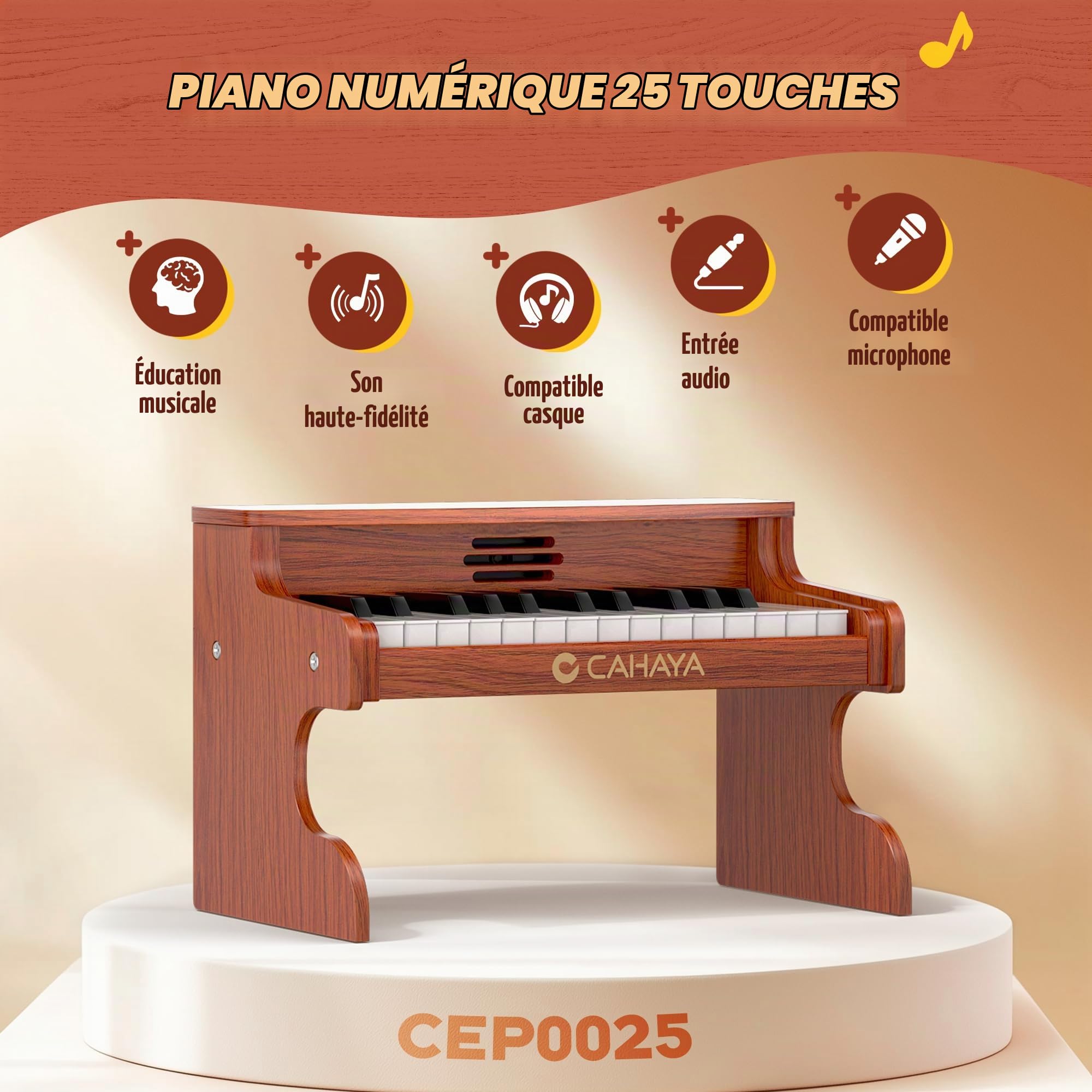 CAHAYA Piano Enfant Bois, Piano Numérique 25 Touches, dès 3 Ans | 2-en-1 bureau ou sur pieds, USB ou piles, prise micro, cadeau anniversaire Noël