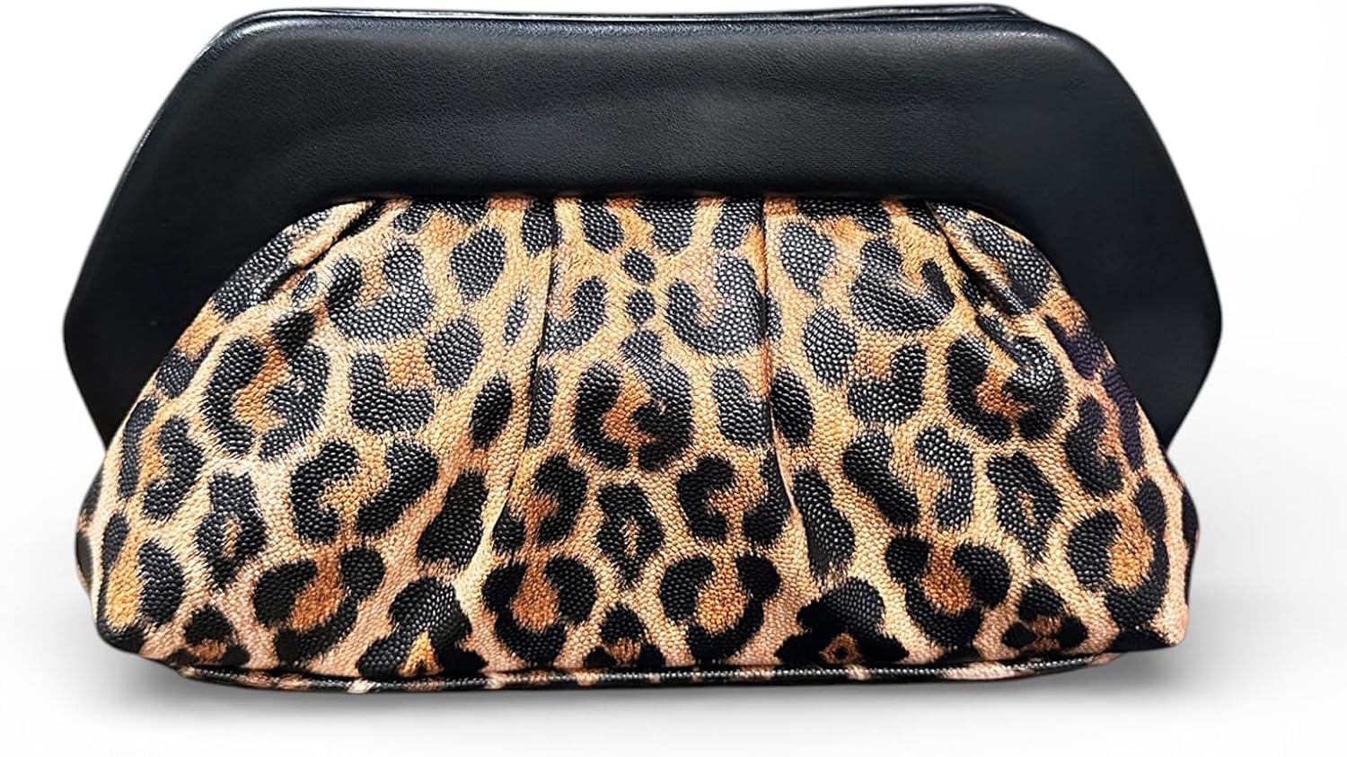 ENBEI Leopard Print Clutch Purse for Women Black Frame Ruched Evening Purse, Clutch Purse with Dual Snap Closure, Handbag Purse for Wedding, Party, Prom, Date Night | Leopard Print, Black Frame Ruched