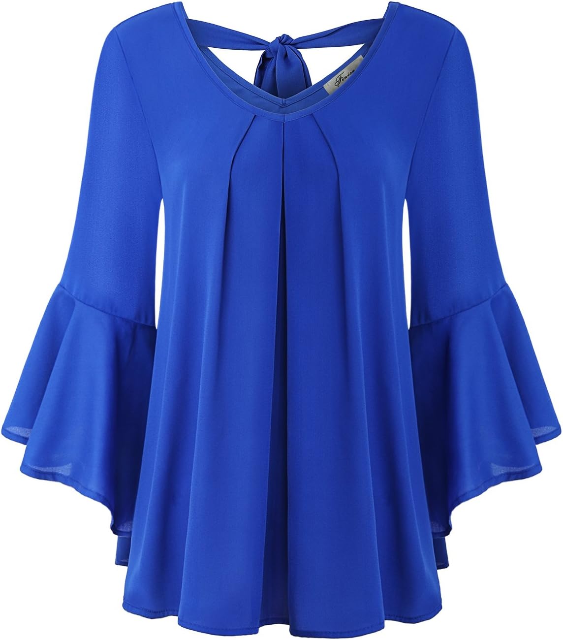 Women's Cute V Neck 3/4 Bell Sleeve Pleated Front Chiffon Blouse