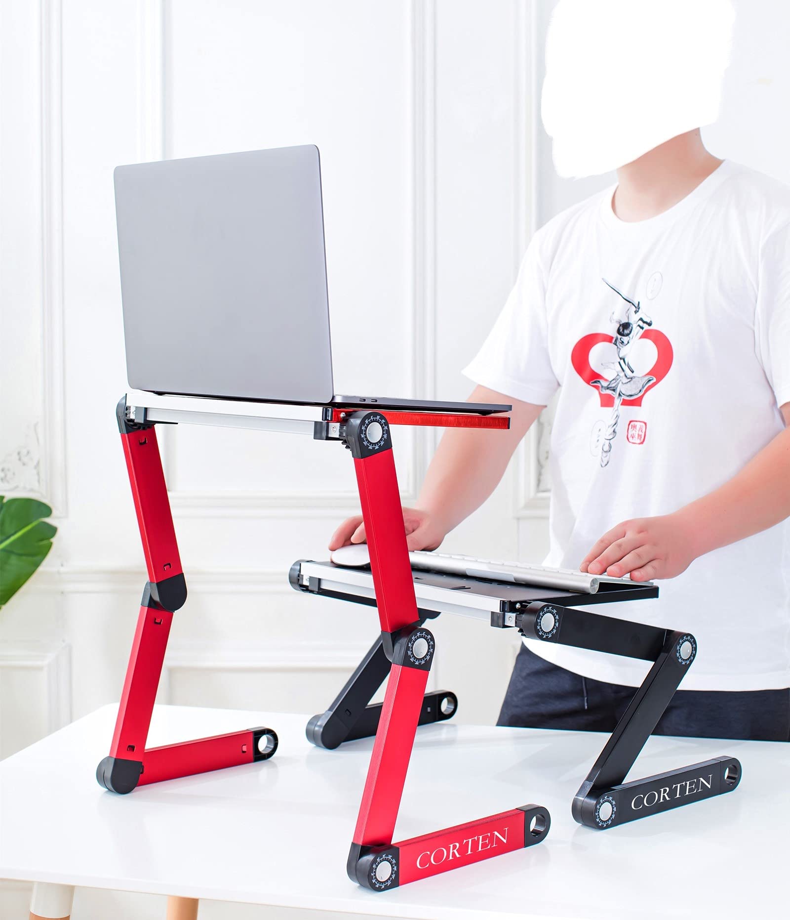 Support pour ordinateur portable pliable pour lits et canapés entièrement réglables en hauteur et en angle, bureau debout en aluminium avec ventilateurs USB pour le travail à la maison ou en voyage
