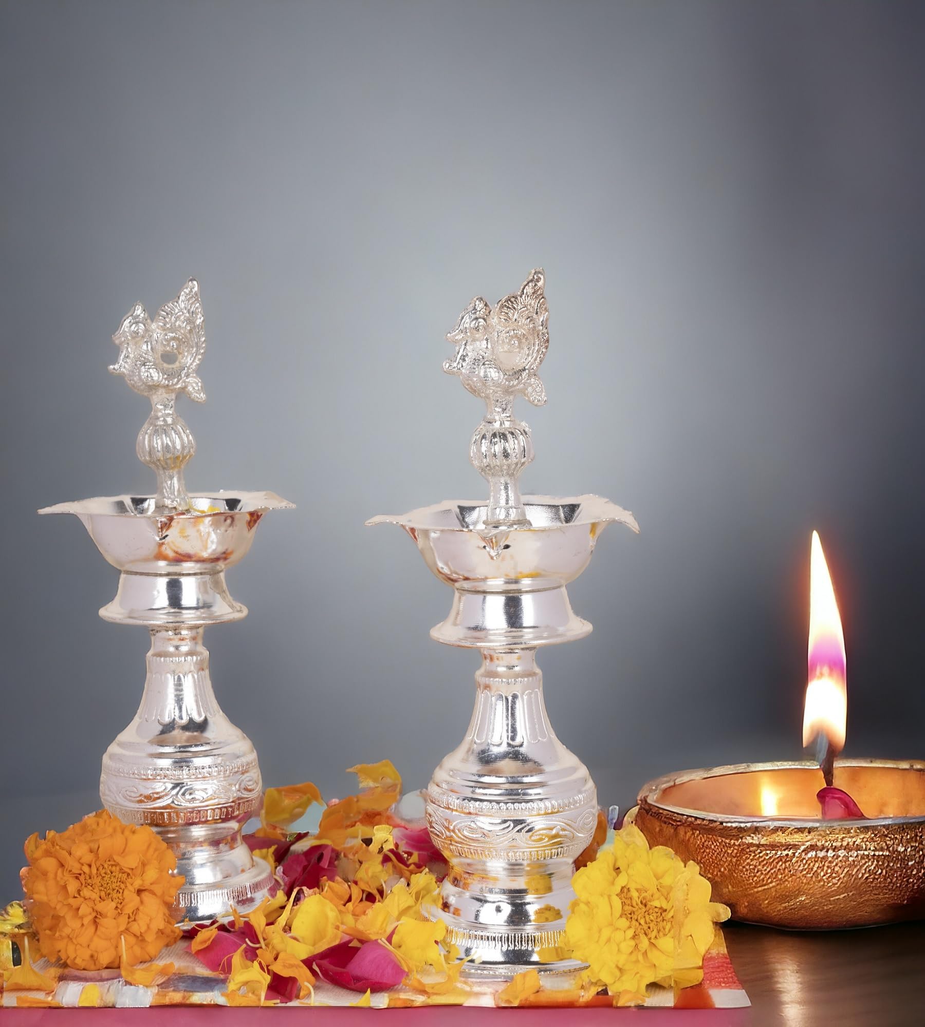 Sigaram German Silver 7x3 Inch Peacock Handle Design Diya for Home & Temple Pooja Festival K4239