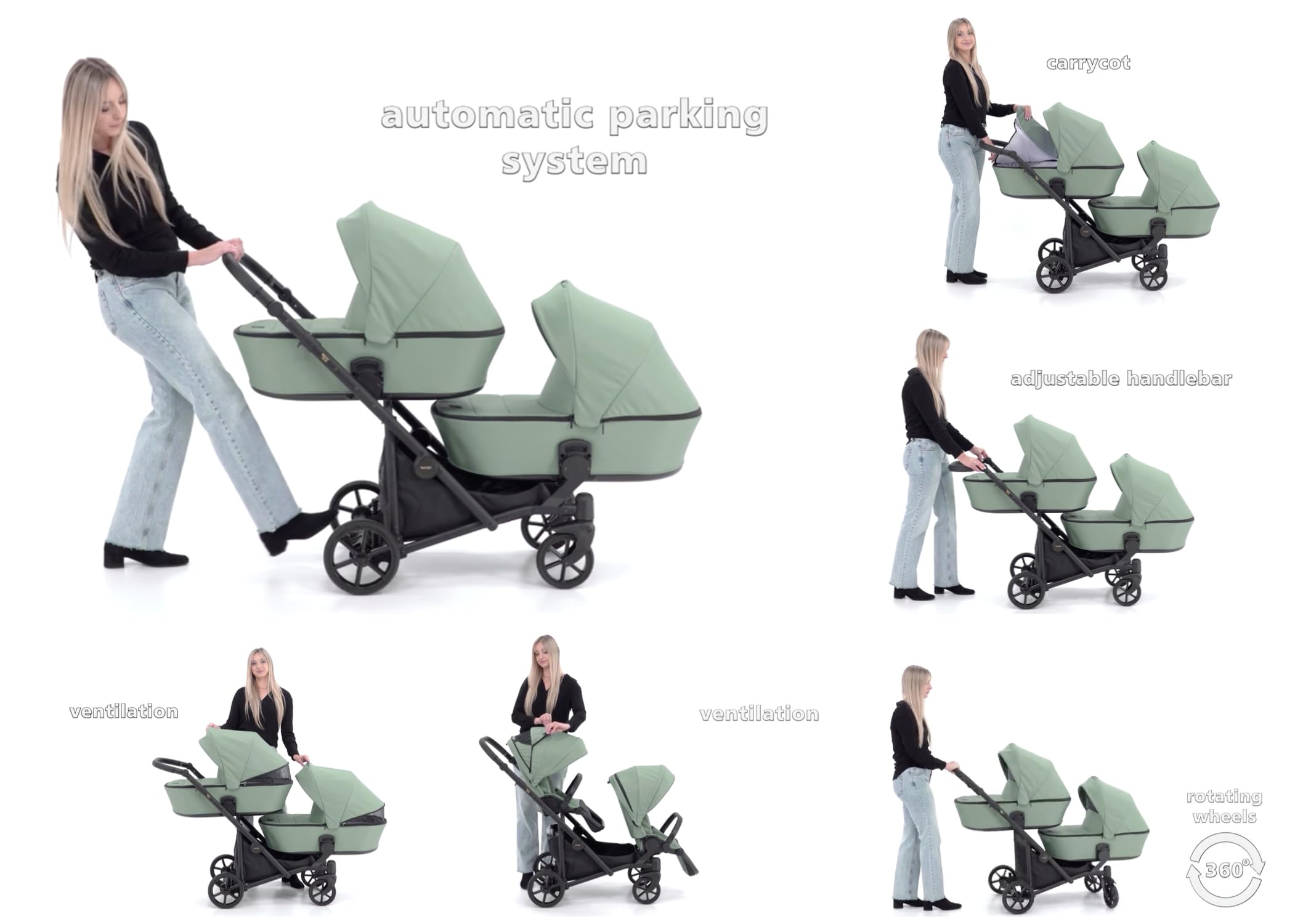 Kunert BRAV DUO Passeggino Gemellare 2 in 1+Accessori: Comfort, Sicurezza, Praticità, design elegante e funzionale, sistema versatile, telaio in alluminio (menta/telaio nero)