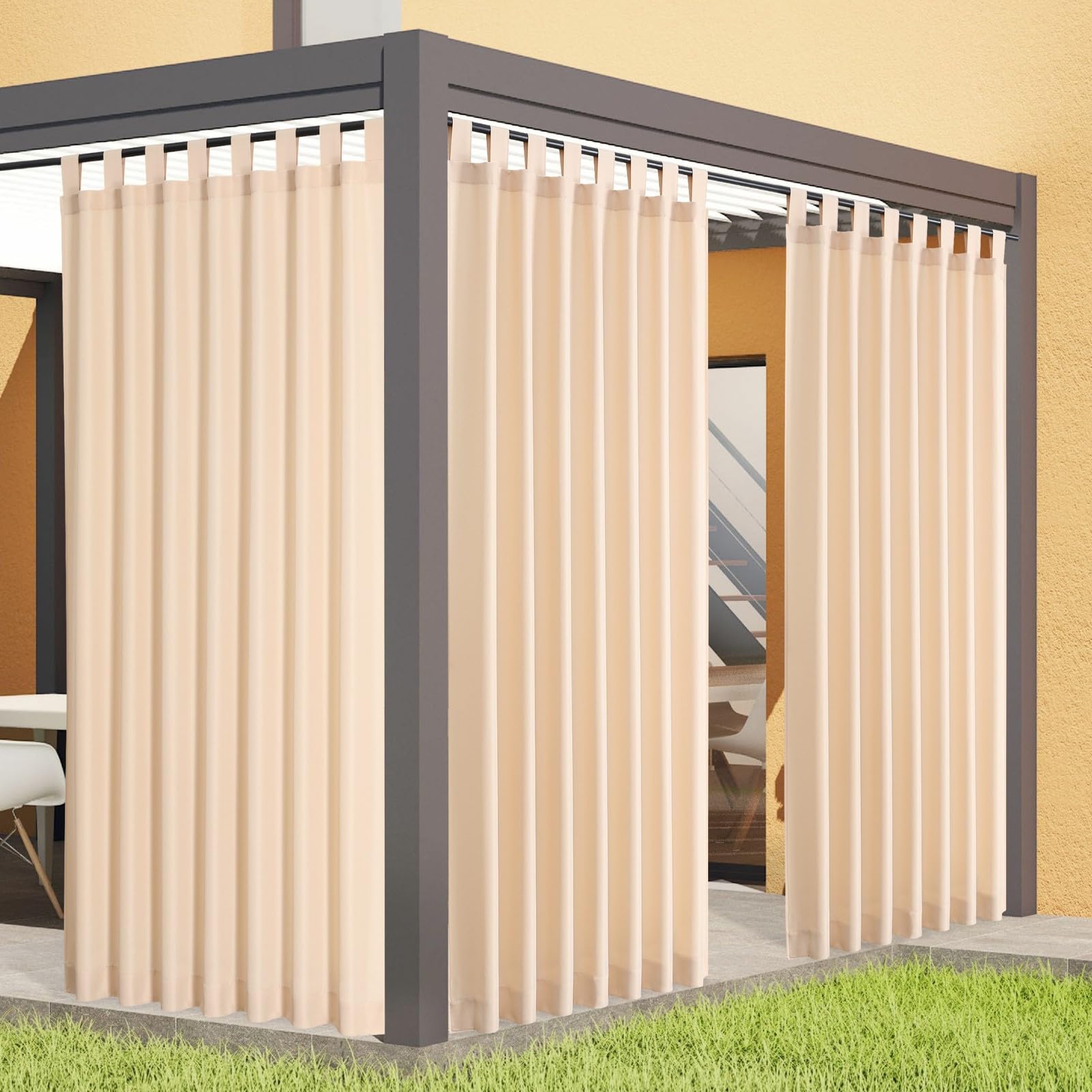 Flyfun Outdoor Curtains for Patio Waterproof - Windproof Gazebo Curtains Outdoor Tab Top Curtain Panels,2 Panel, 52" W x 96" L, Beige