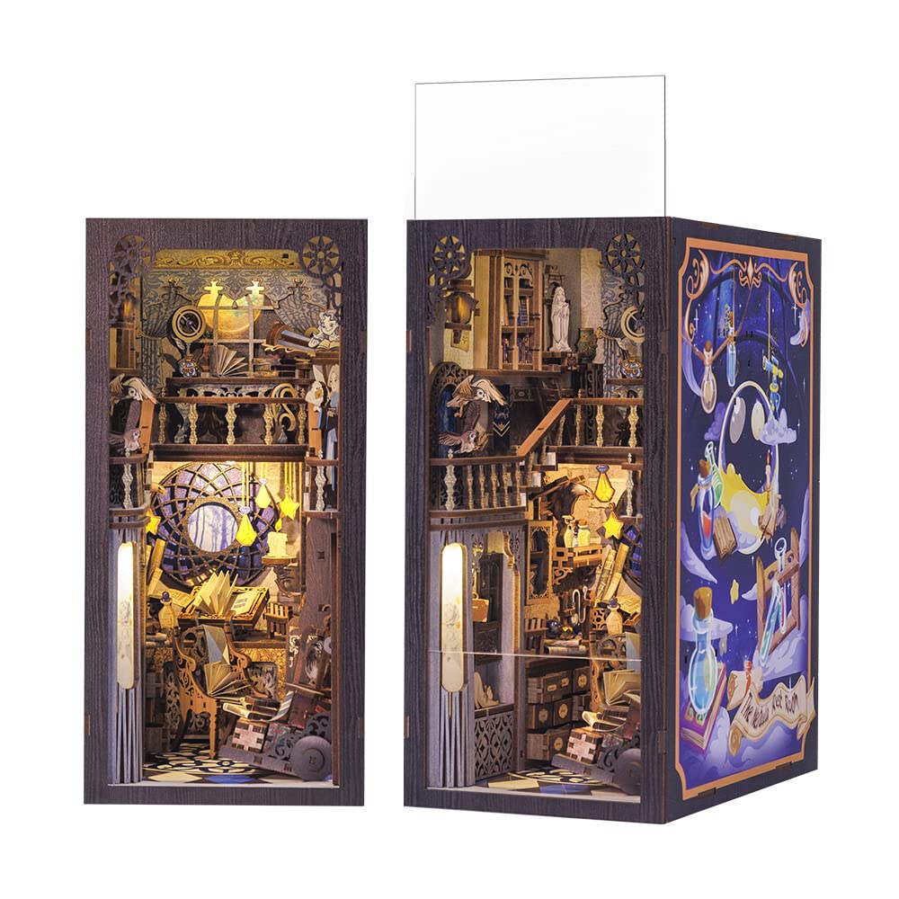 CUTEBEE DIY Book Nook Kit casa delle bambole con copertura antipolvere miniatura diorama booknook kit con luce LED,3D kit di modellazione in legno,da costruire(Nebula Common Room)