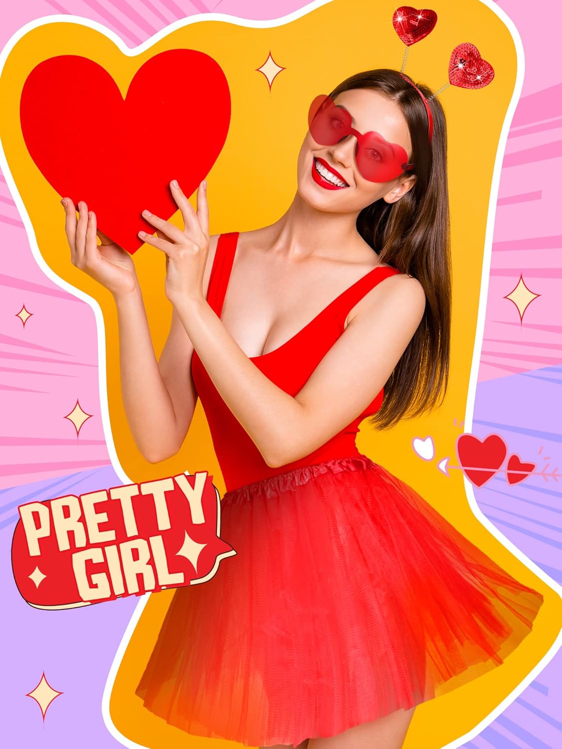 Zhanmai 6 Pcs Valentine's Day Cupid Accessory Kit Women Valentine's Day Red Cupid Costume Bow and Arrow Tutu Skirt Heart Headband Thigh High Stockings Sunglasses - Image 6