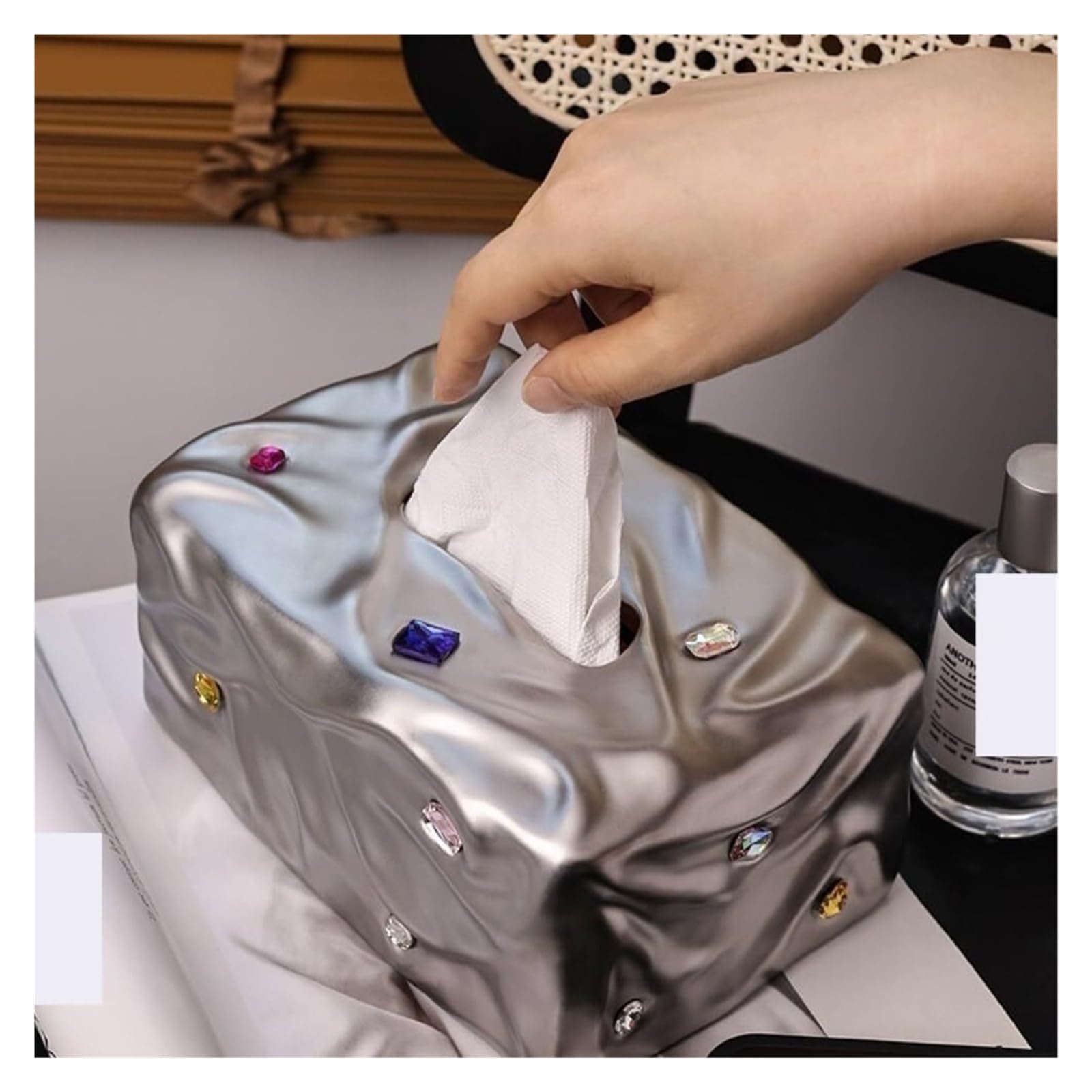 Kosmetiktuch-Spenderbox Taschentuchbox-Abdeckung, Edelstein-Home-Wohnzimmer-Couchtisch-Keramik-Organizer Must-Haves für die Wohnung(Silver)