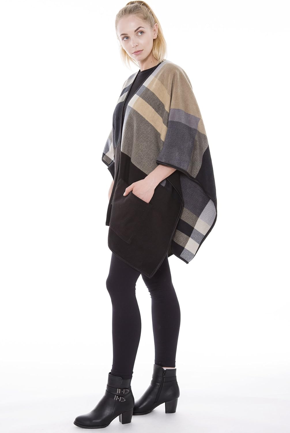 BYOS Women’s Winter Stylish Oversized Solid Plaid Fleece Poncho Blanket Wrap Cape - Image 3