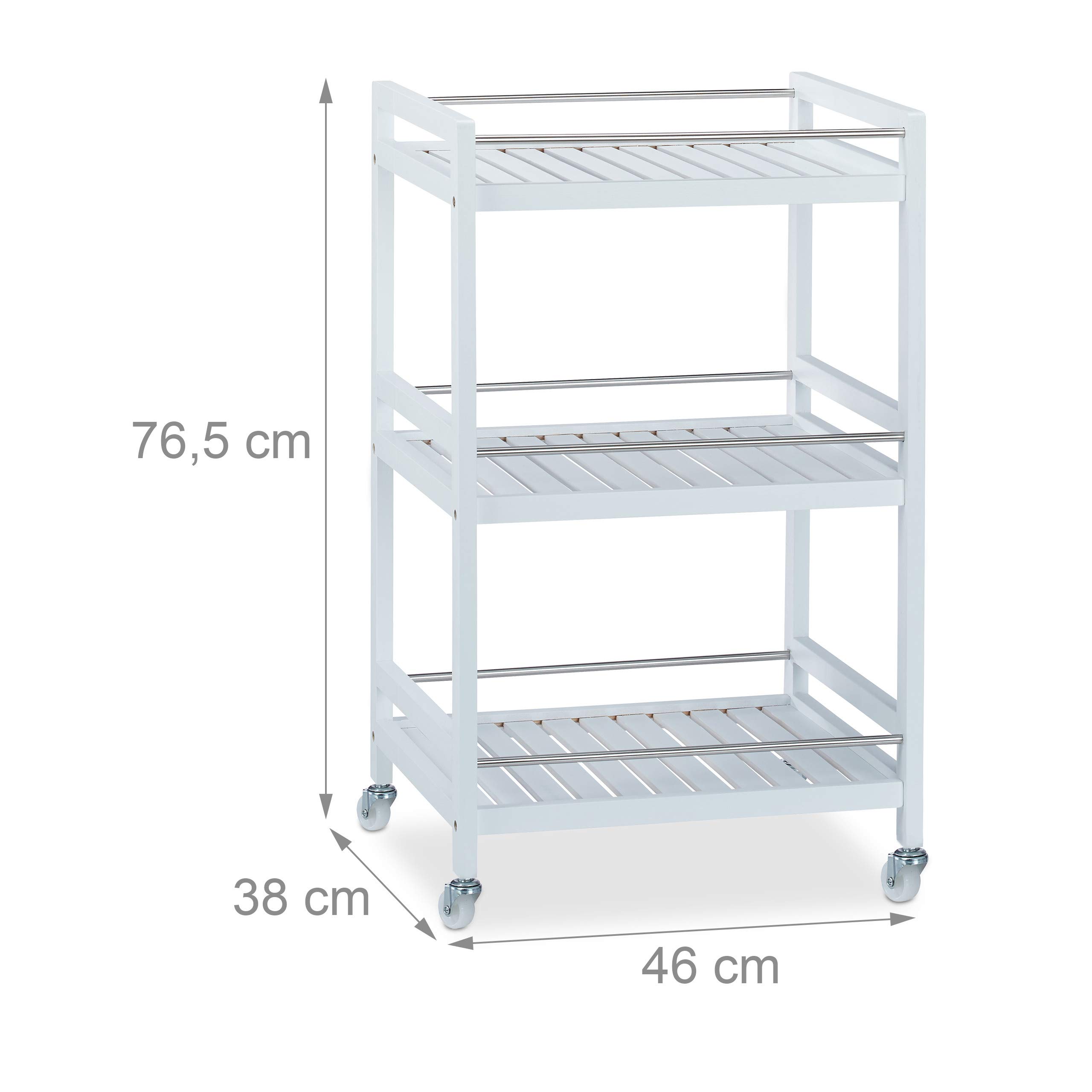 Relaxdays, blanc Desserte de Cuisine Bambou, 3 étages, chariot de service, Roulette 360°, HxlxP 76,5 x 46 x 38 cm, inox, plastique