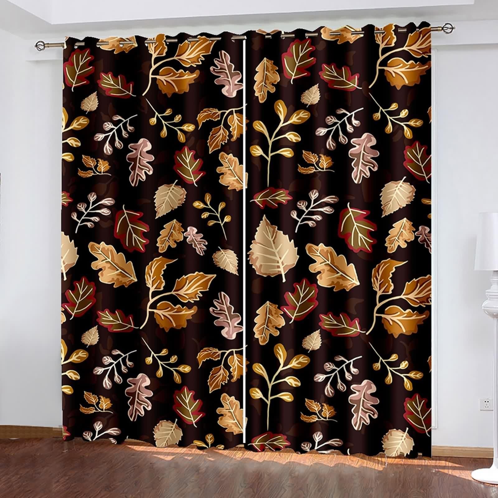 Zasłony do salonu, na okno, ciemnobrązowe, poliester, wzór jesiennych liści, zestaw 2 sztuk, szer. 102 x wys. 214 cm