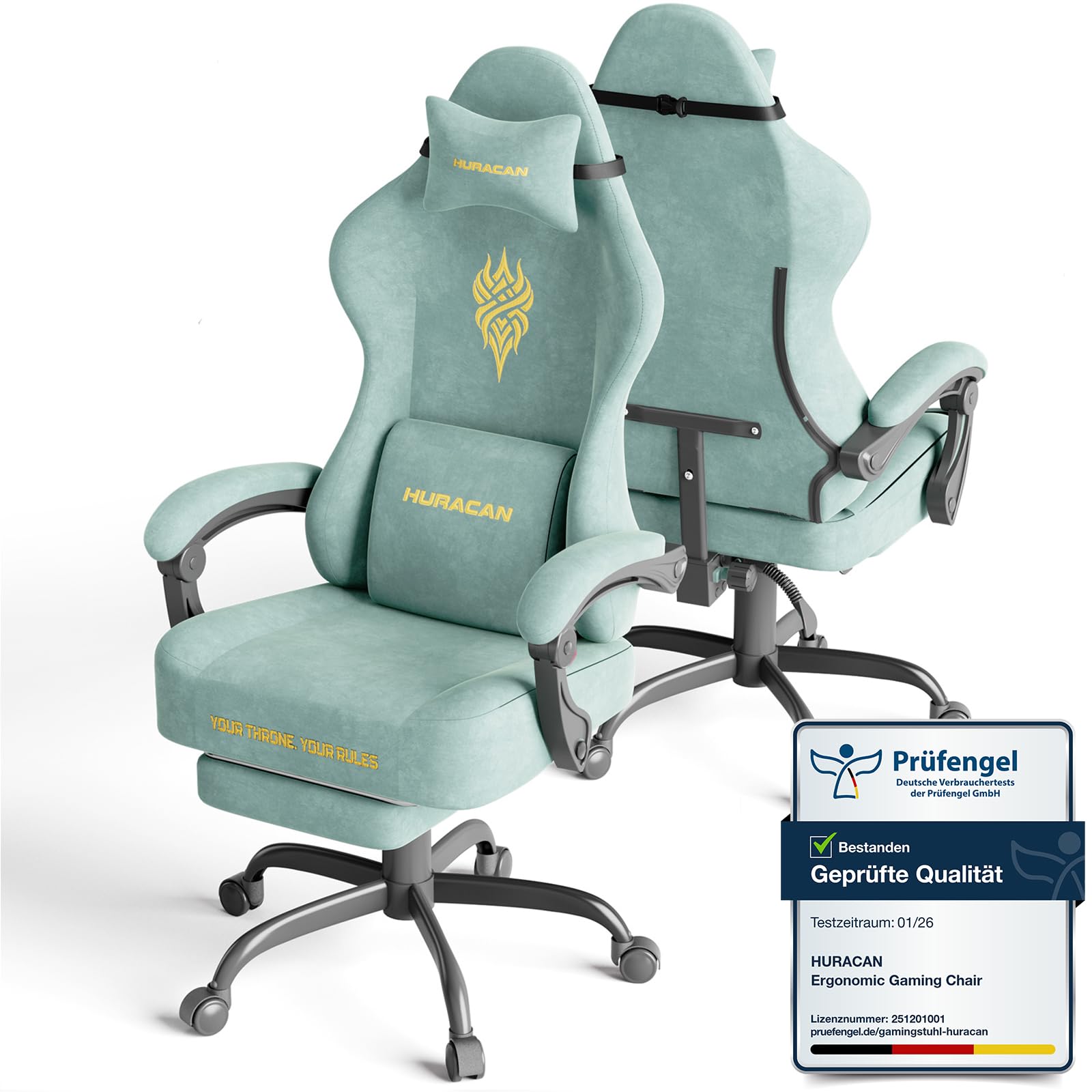 Huracan Chaise Gaming Ergonomique, Fauteuil Gamer avec Repose-Pieds Télescopique Coussin à Ressorts, Support Lombaire, Tissu Velours Respirant pour Les Longues Sessions de Gaming et de Travail, Vert