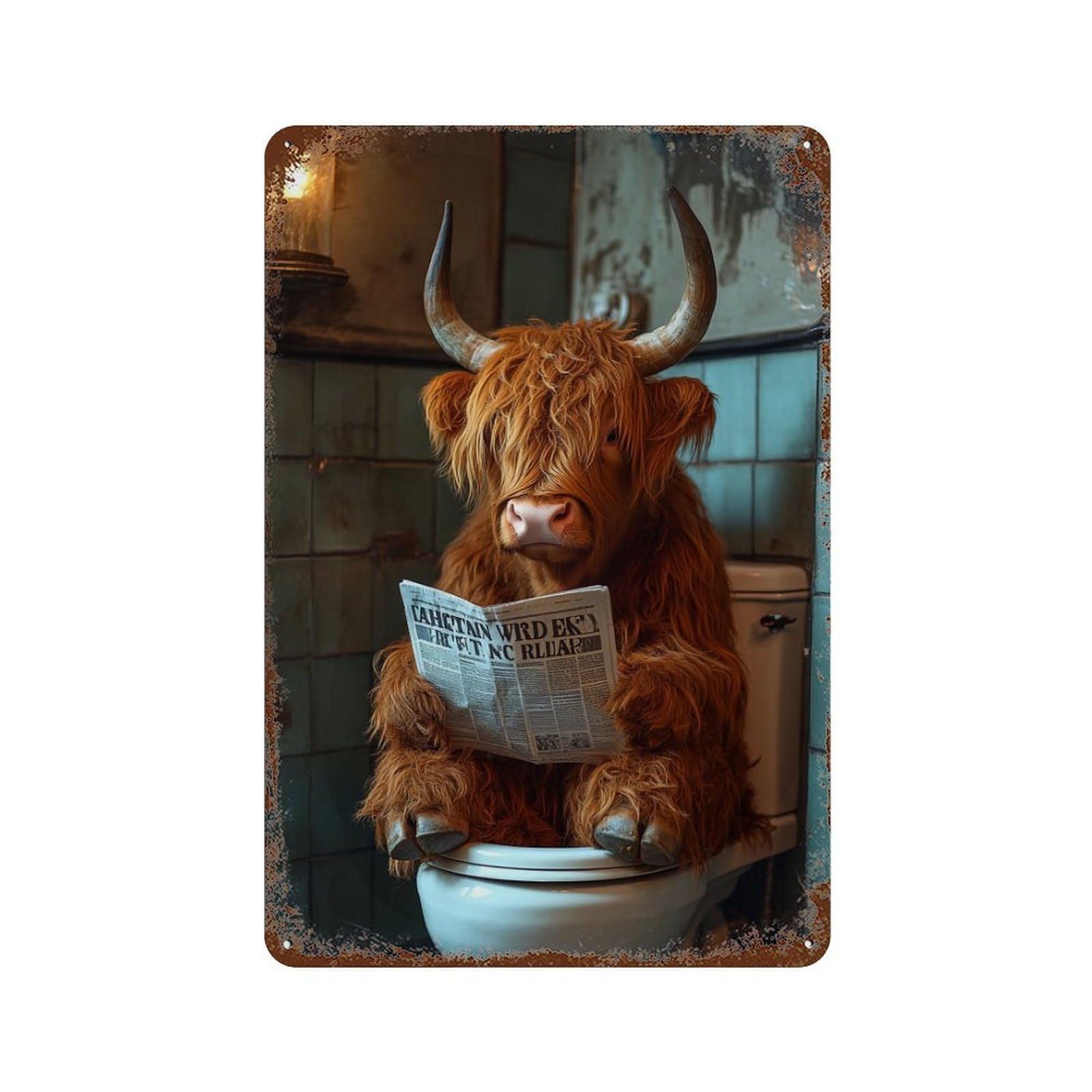 Retro Metal Sign with Cow Reading Newspaper on Toilet-1 Design 11.8"x7.9", for Shed, Workshop And Garage Wall Decor, Old School Wall Decor