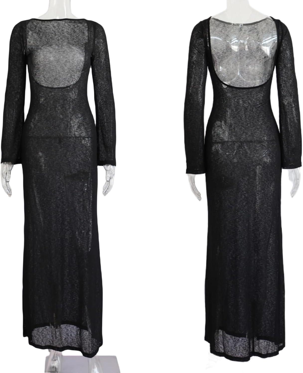 ZGMYC Women's Sexy Backless See Through Maxi Dress Bathing Suit Cover Up Knit Flared Long Sleeve Beach Dress Bikini Coverups - Image 6