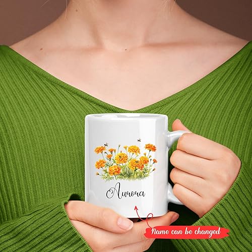 Miniatura 2 de Taza de café de caléndula personalizada, taza de café de caléndula con nombre personalizado, taza de cerámica blanca para amantes de las flores,