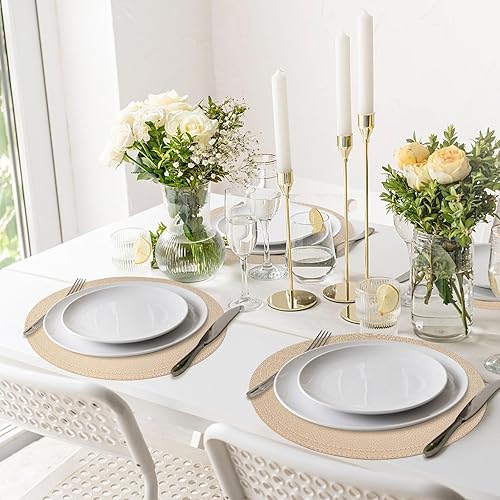 Miniatura 5 de Juego de 4 manteles individuales y posavasos redondos de piel sintética, tapetes de café, impermeables, fáciles de limpiar para cocina, comedor,