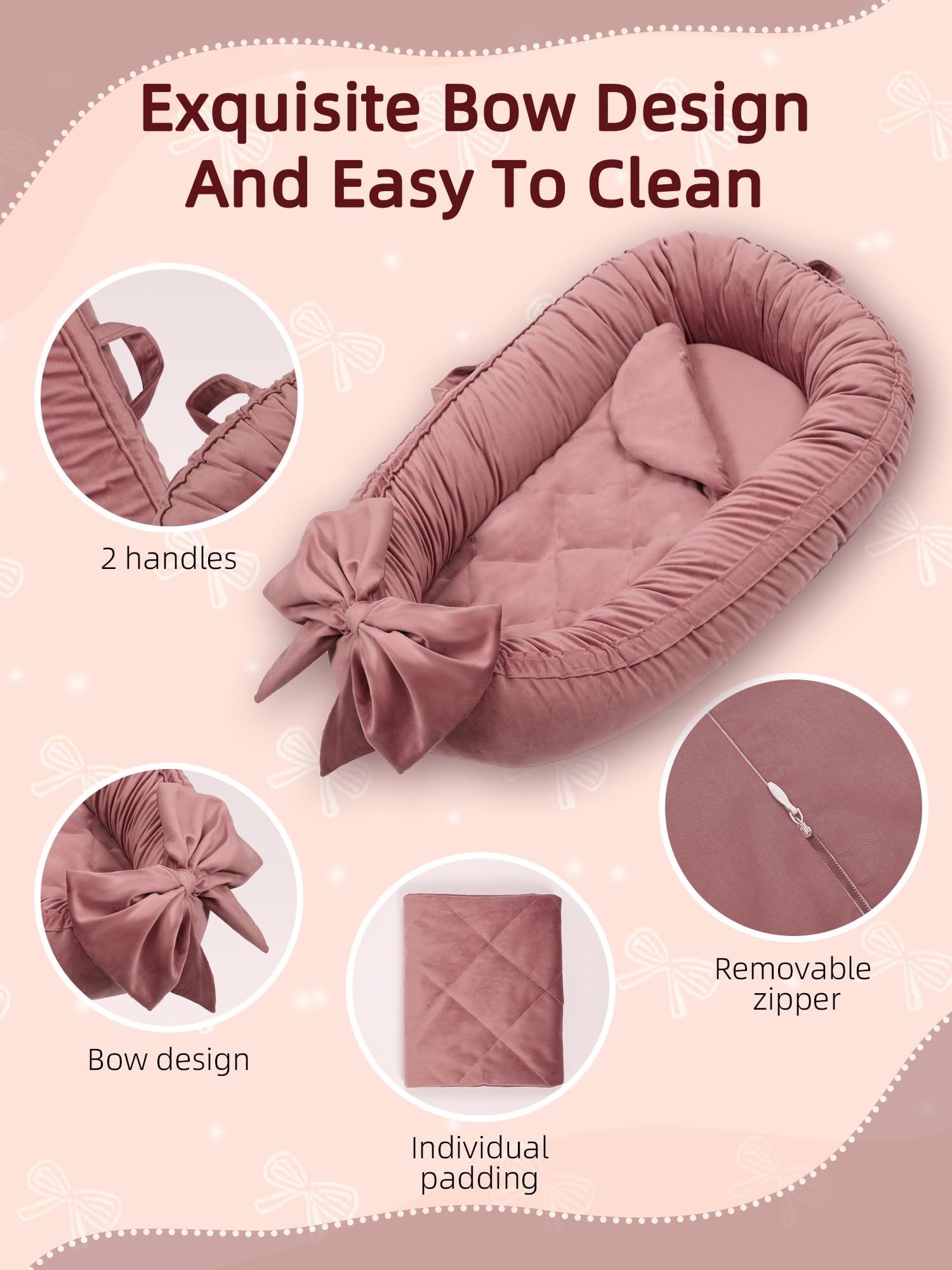 EAQ Baby Nest Pod for Newborn,Baby Sleep Pod Soft Breathable Napping or Traveling for 0-12 Months,Travel & Baby Essentials for newborn (Bean paste pink) - Image 4