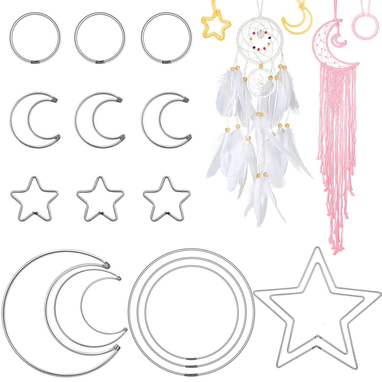 16 Pieces Dream Catchers Metal Hoops Silver Moon Star Round Shaped DIY Dream Catcher Ring Floral Hoop Metal Hoops Macrame Ring for Bedroom Wall Home Hanging Wreath Decor Ornaments Craft Projects-image-41