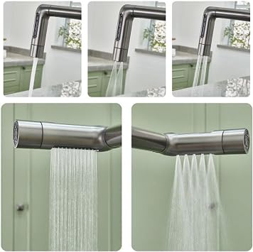 XJTNLB Kitchen Mixer Tap with Pull Out Spray 5 Spary Modes Waterfall Tap for Kitchen Sink Brushed