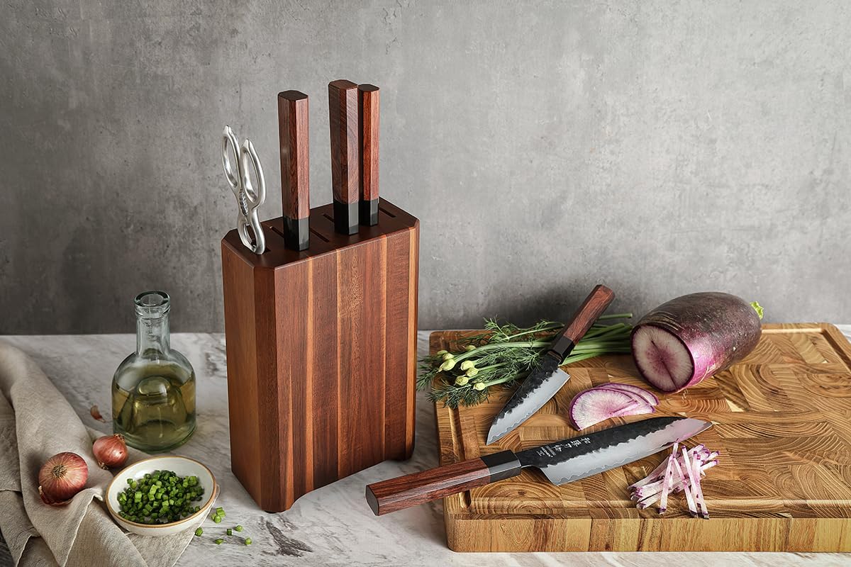 HEZHEN Set di Coltelli da Cucina Ceppi Portacoltelli, Coltello Santoku Stile Giapponese Coltelli da Chef, Forbici da Cucina Blocco Coltelli in Legno di Acacia